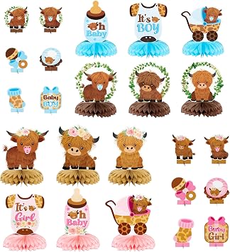 Pink Floral Highland Cow Honeycomb Centerpieces Greenery Blue Highland Cattle Party Table Decoration Welcome Baby Party Table Topper Photo Prop Decor
