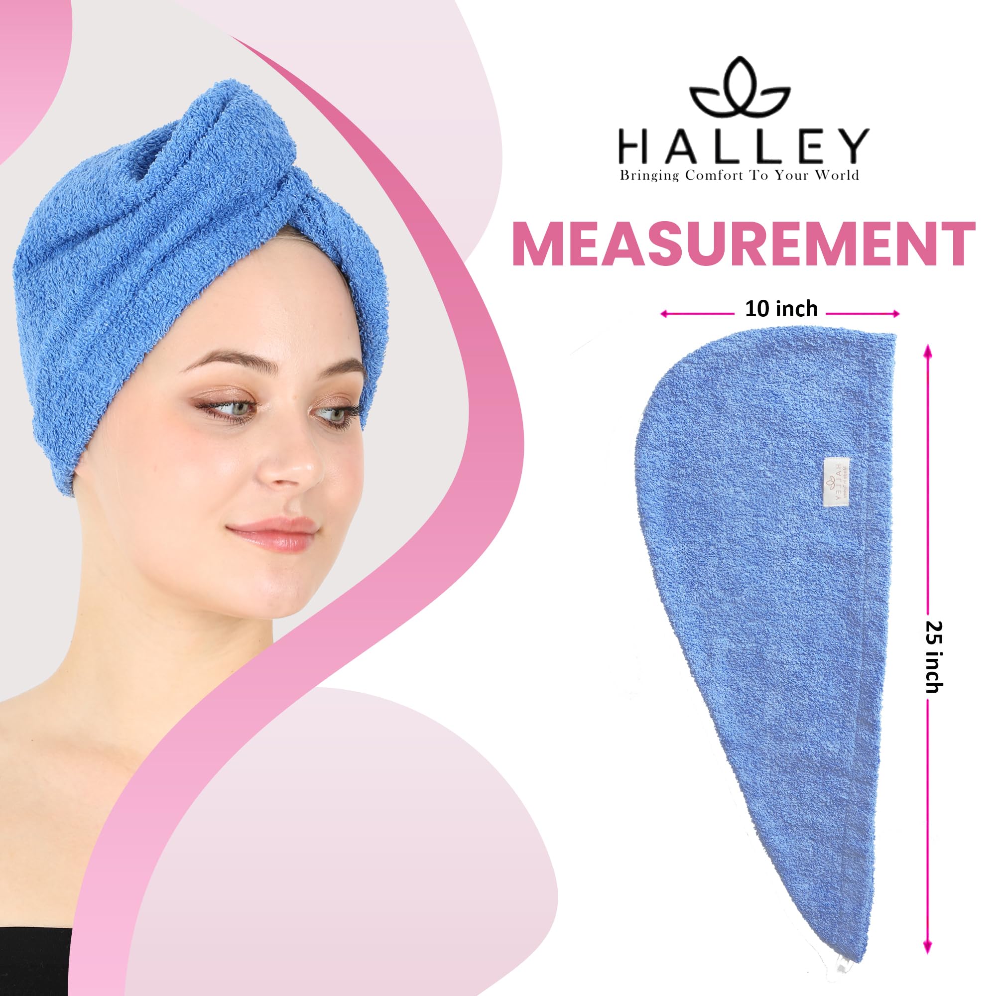 HALLEY Toalla de algodón para el cabello, 3 paquetes, súper absorbente, antiencrespamiento, de secado rápido, para cabello rizado, largo y grueso, turbantes para cabello húmedo con botón, toalla para