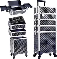 Adazzo Maleta de maquiagem 4 em 1 com rodinhas para cosméticos, caixa de tecnologia de unhas para maquiadores e cabeleireiros, estojo de barbeiro para estudantes de tecnologia de unhas com chaves giratórias, porta-malas de viagem, Preto,