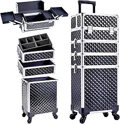 Adazzo Maleta de maquiagem 4 em 1 com rodinhas para cosméticos, caixa de tecnologia de unhas para maquiadores e cabeleireiros, estojo de barbeiro para estudantes de tecnologia de unhas com chaves giratórias, porta-malas de viagem, Preto,