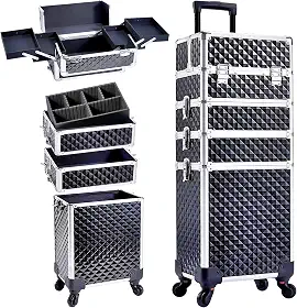 Adazzo Maleta de maquiagem 4 em 1 com rodinhas para cosméticos, caixa de tecnologia de unhas para maquiadores e cabeleireiros, estojo de barbeiro para estudantes de tecnologia de unhas com chaves giratórias, porta-malas de viagem, Preto,