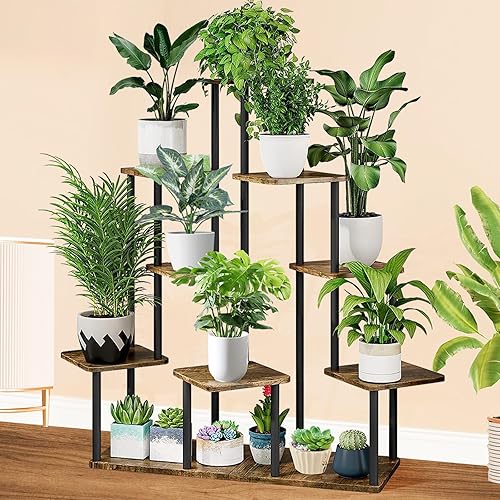 Miniatura 7 de Soporte alto de madera para plantas de 9 niveles, estante de metal para interiores, múltiples estantes para macetas, estante de esquina, estante de