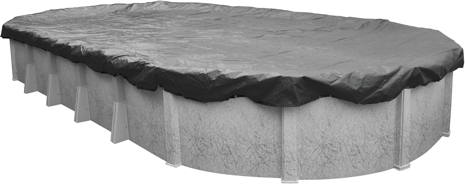 Pool Mate 18 x 33 ft Blue Winter Oval Pool Cover for Above Ground Pools, 3 ft Overlap (21 x 36 ft Cover Size), Solid 7 x 7 Scrim, 2.2 oz/yd2, 8-Year Warranty, Style: 461833PMA