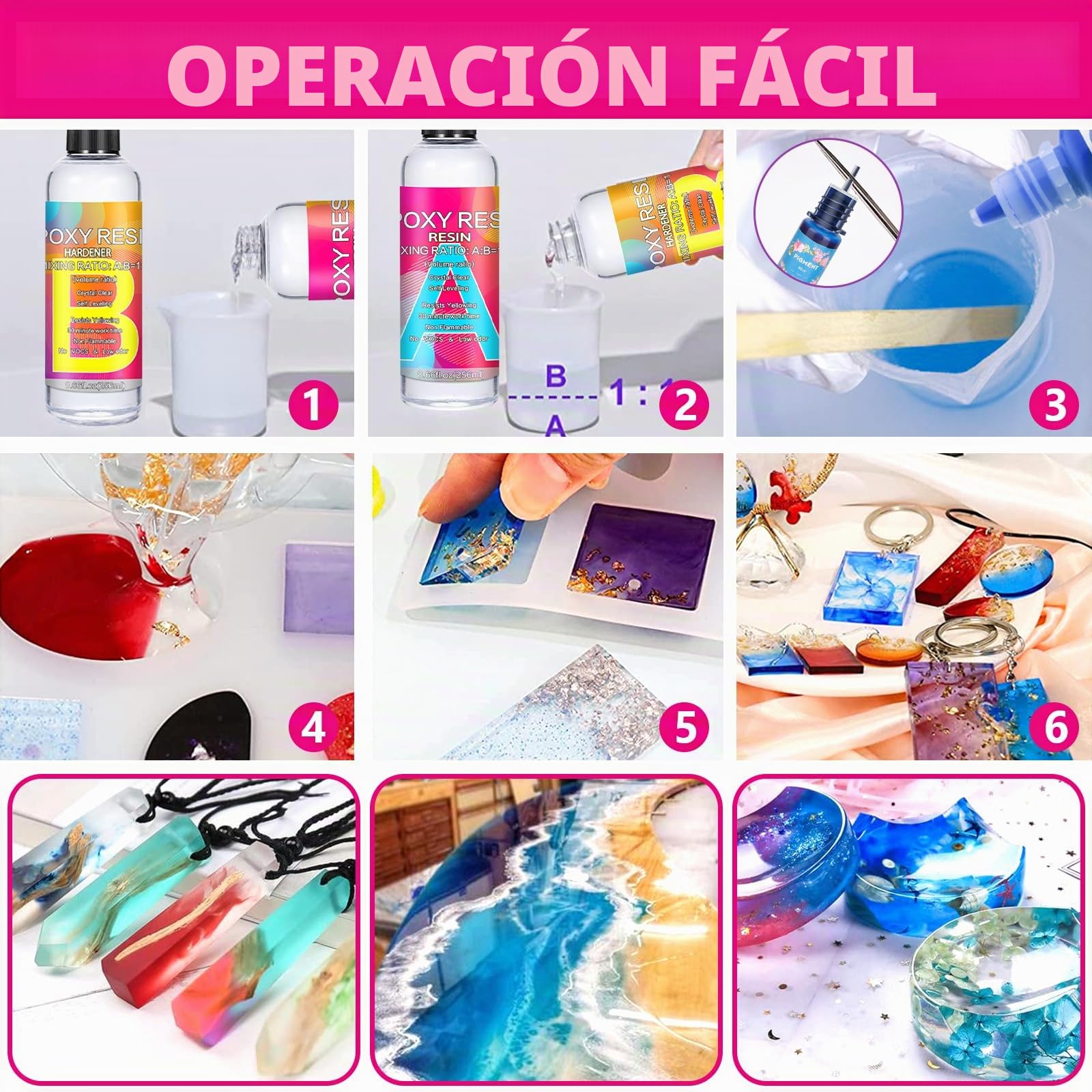 Resina Epoxi Kit, 510ml Resina Epoxi Transparente, 1: 1 Kit Resina Epoxi, Kit Resina Epoxi Transparente con Purpurina, Pigmento, Resina Epoxi Manualidades para Bricolaje, Artesanía, Llavero