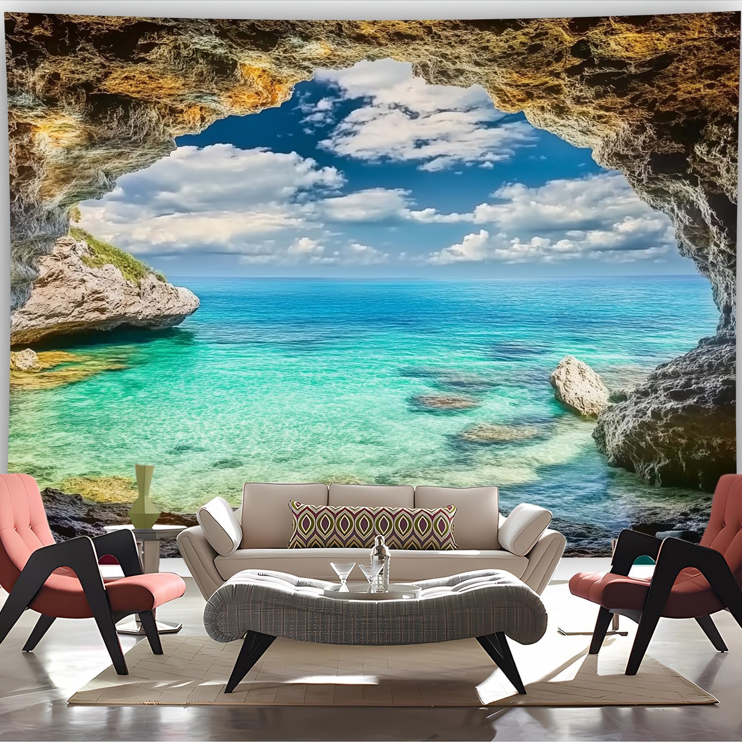 Tapestry Nature Scenery Forest Green Tree Stone Rainforest River Jungle Wall Hanging Art Landscape Scene Through Wooden Windows Tapestry for Living Room Bedroom (Cave Cliff, 90" × 70", Unframed)