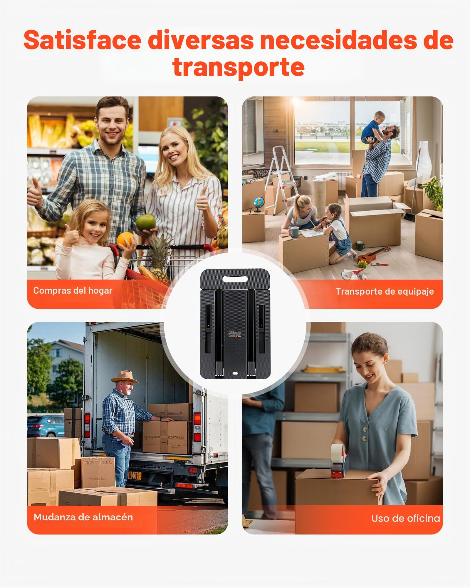 VEVOR Carretilla de Mano Plegable, Carrito de Equipaje Plegable con 6 Ruedas, 2 Cuerdas Elásticas y Base Expandible Carga de 226,8 kg para Equipaje de Viaje, Aeropuerto, Oficina, Mudanza, Negro