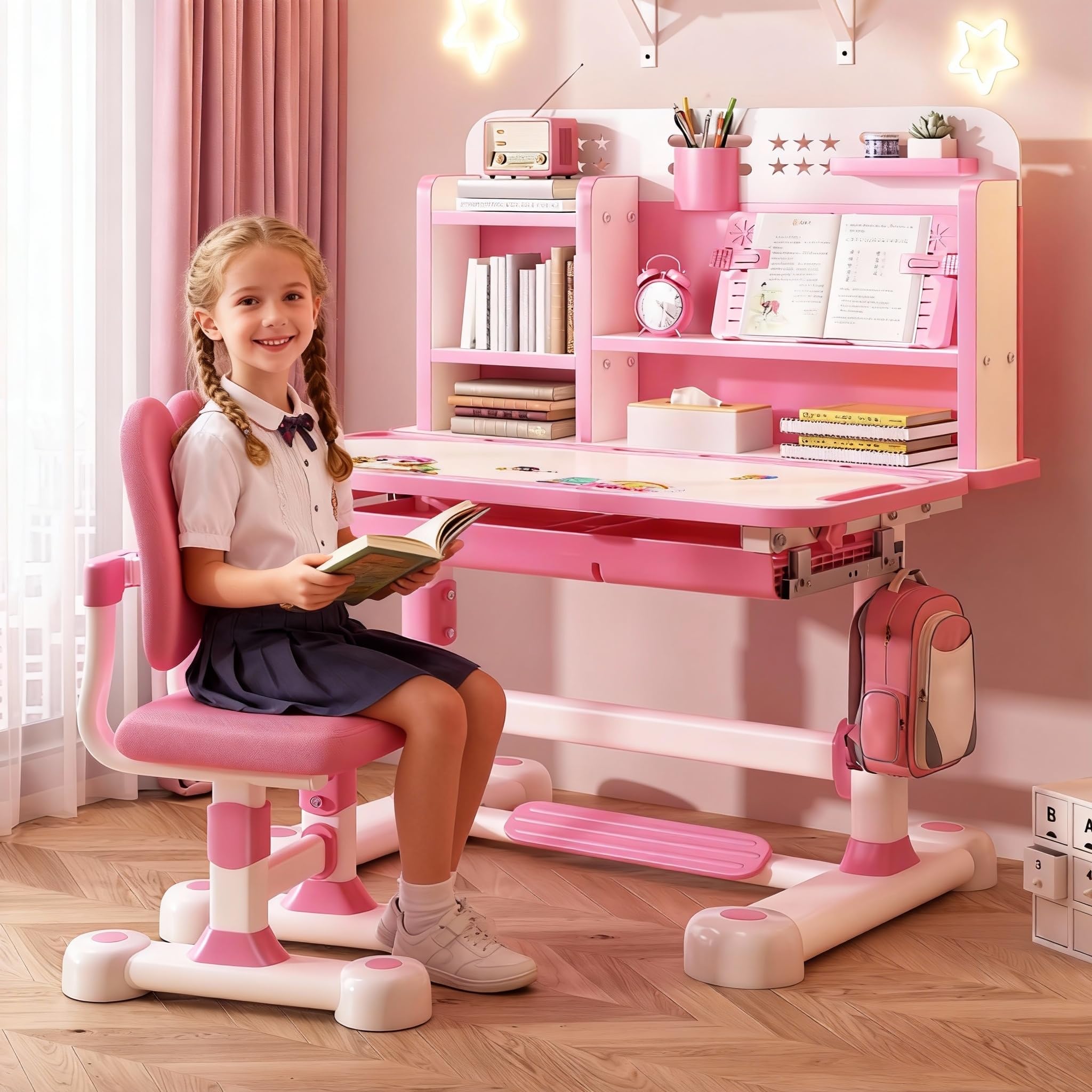 Adjustable Kids Desk and Chair Set, Pink, Modern and Playful, 117cm x 110cm x 50cm for Writing and Study