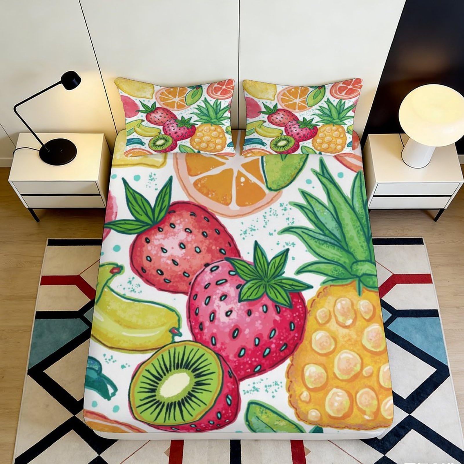Uynsixtme Style-10 3D Printed Tropical Fruit Fitted Sheet Microfiber Deep Pocket Non-Slip Bedroom Bedding Tropical Fruit Mattress Fitted Cover Washable Full Wrap 200X200x25cm