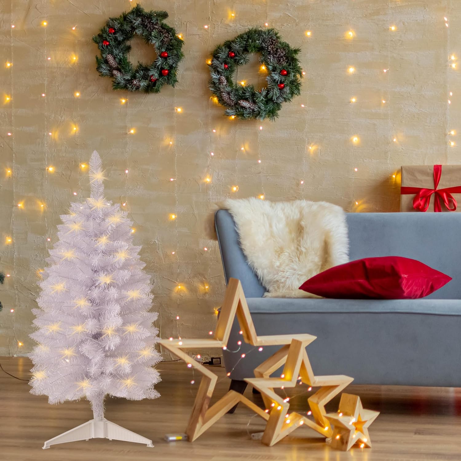 Pre-Lit Artificial Christmas Tree 3Ft, Battery Operated Desktop Xmas Tree with 50 LED 160 Branch Tips Mini Christmas Tree Decoration Indoor Outdoor