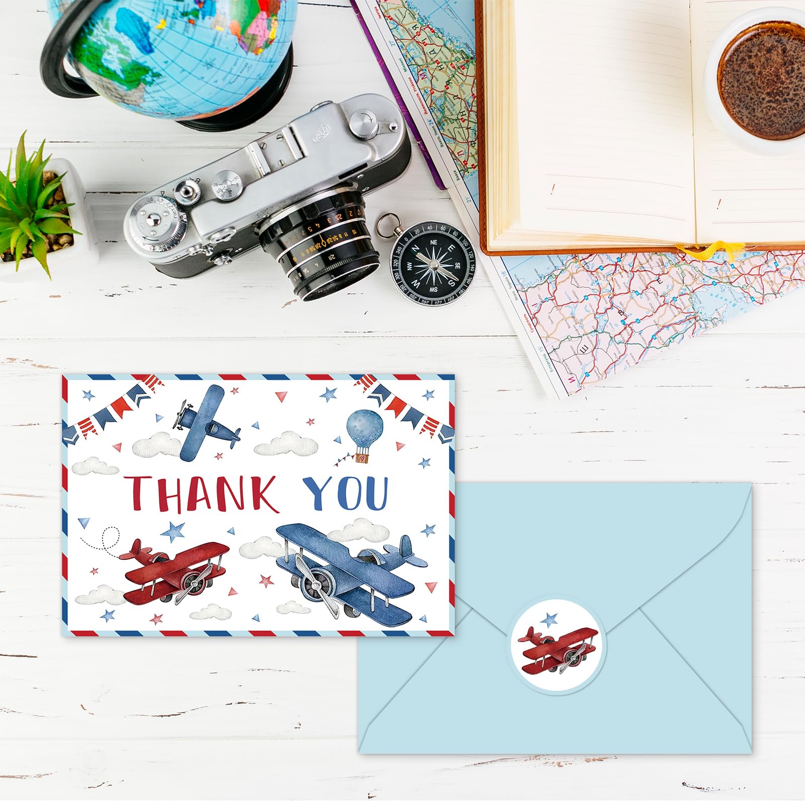 JarThenaAMCS Paquete de 24 tarjetas de agradecimiento de viaje en avión con sobres, calcomanías, tarjeta de notas en blanco para cumpleaños, baby shower, suministros de fiesta