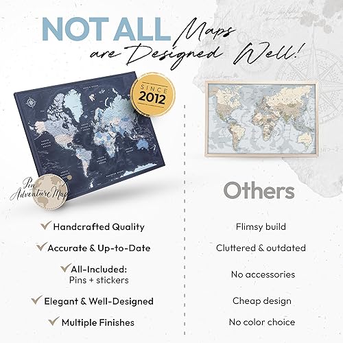 Miniatura 8 de Tablero de pines del mapa del mundo en lienzo - Tablero detallado del mapa del mundo - Mapa de viaje del mundo azul marino - (32 x 24) por Pin