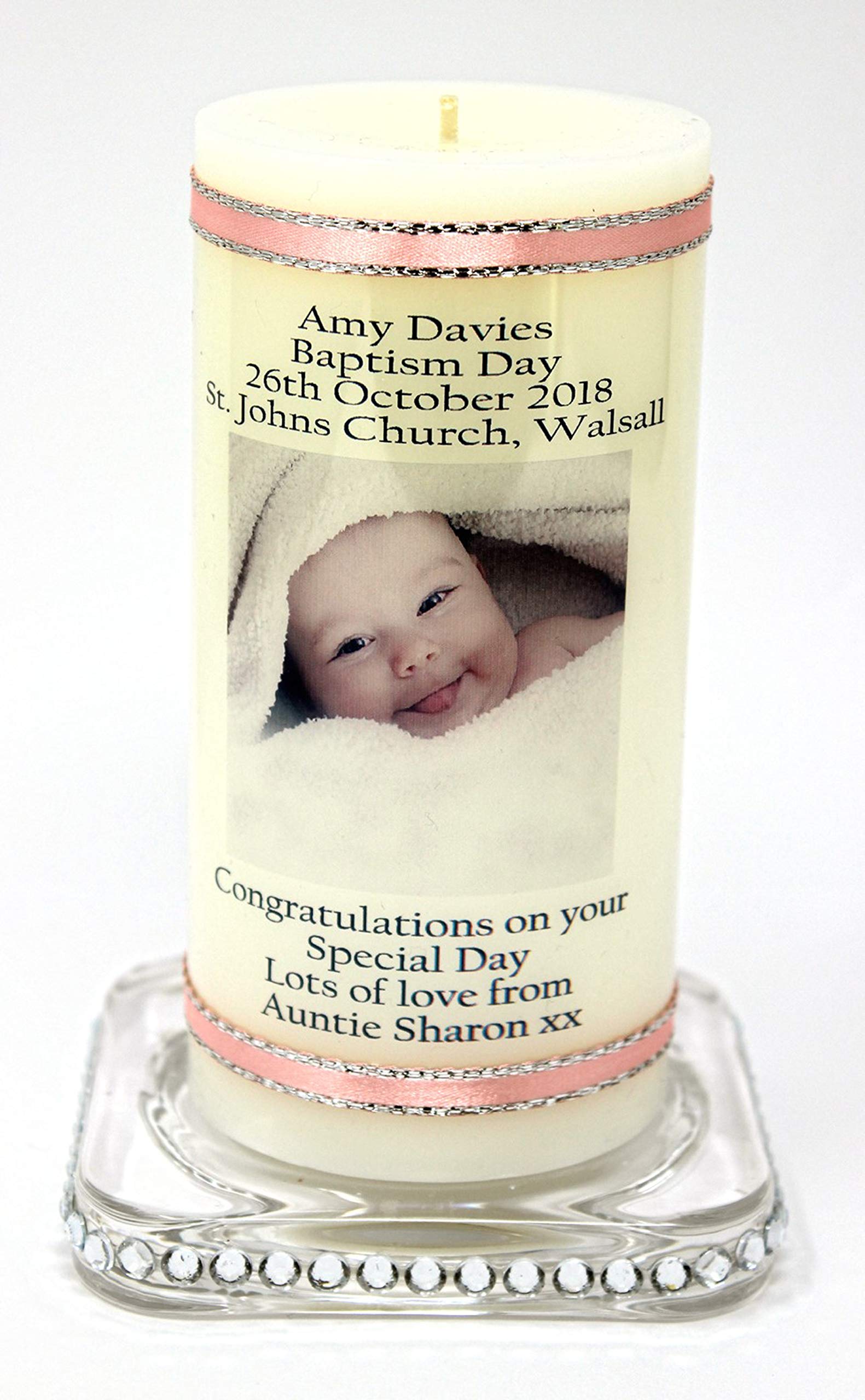 Pgw Men's White Christening Candle For A Baby Boy Or Baby Girl Personalised For Any Occasion With Own Photo And Message By Cellini Candles