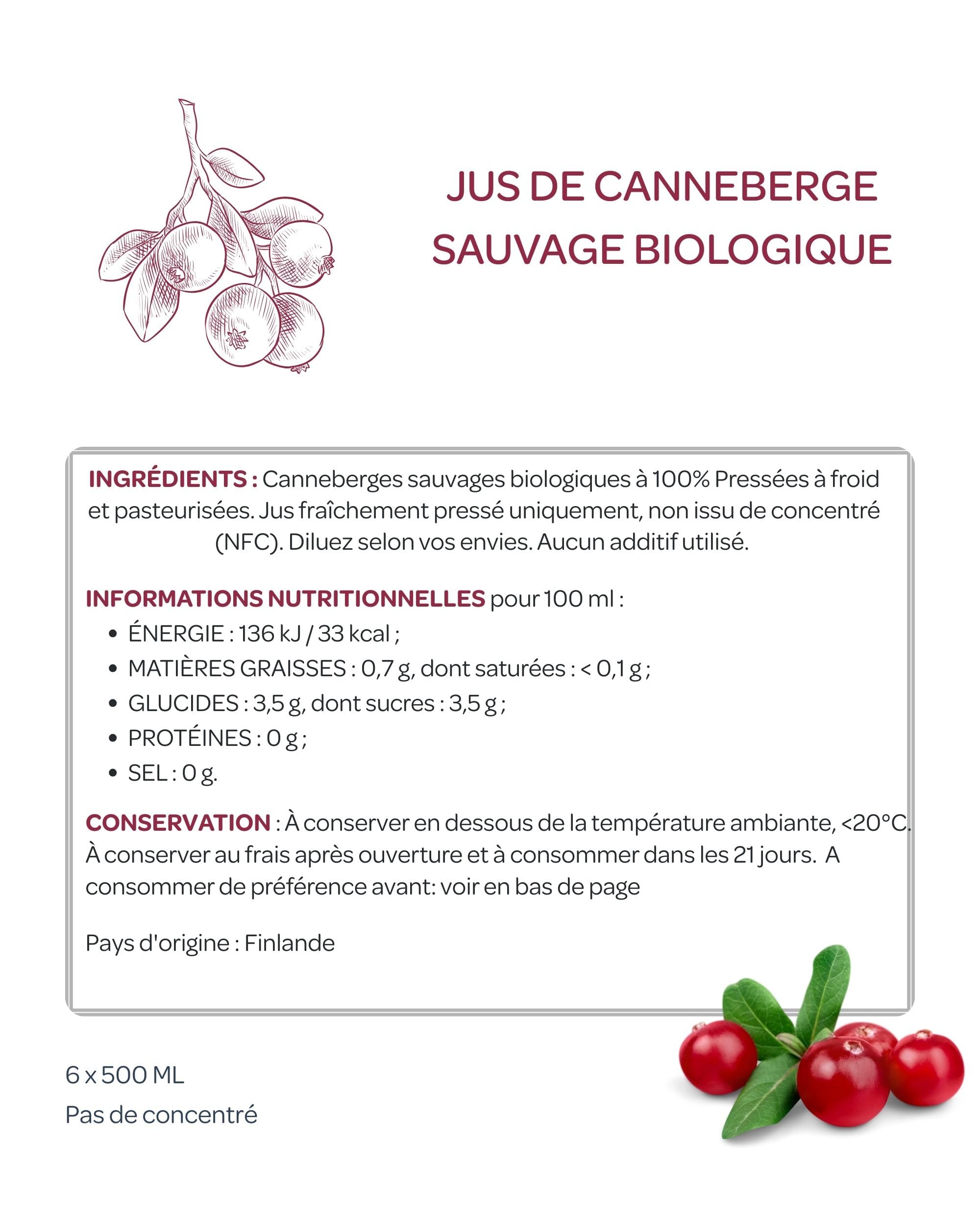 Jus de canneberge sauvage bio – 100% pur, pressé à froid, sans sucre ni eau ajoutés – 6 bouteilles en verre de 500 ml