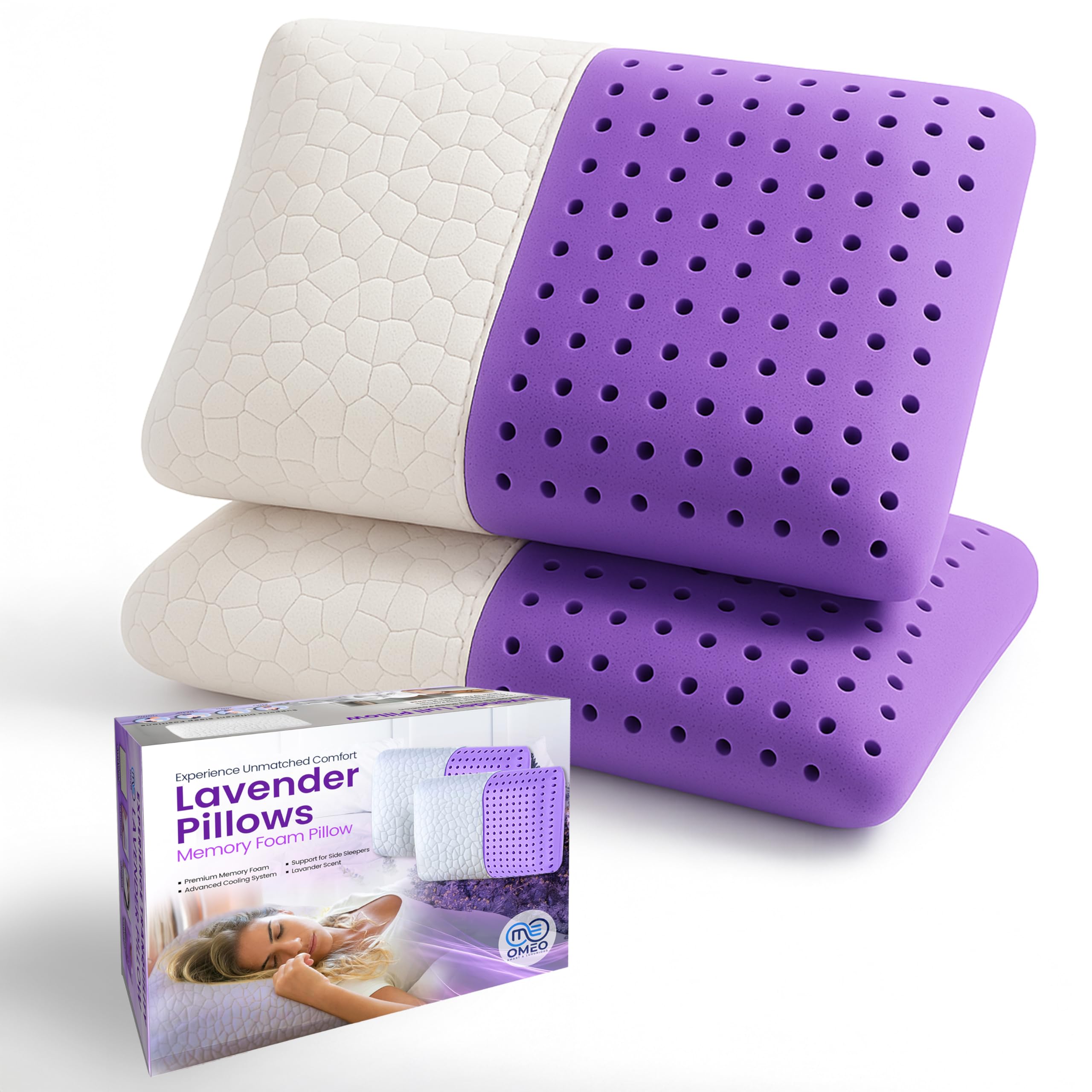 OMEO 2 Pack Lavender Cooling Memory Foam Bed Rest Pillows, Ventilated Memory Foam Cooling Pillow for Stomach, Back and Side Sleeper Support, Washable Removable Cover Sleeping Pillows, 24" x 16"