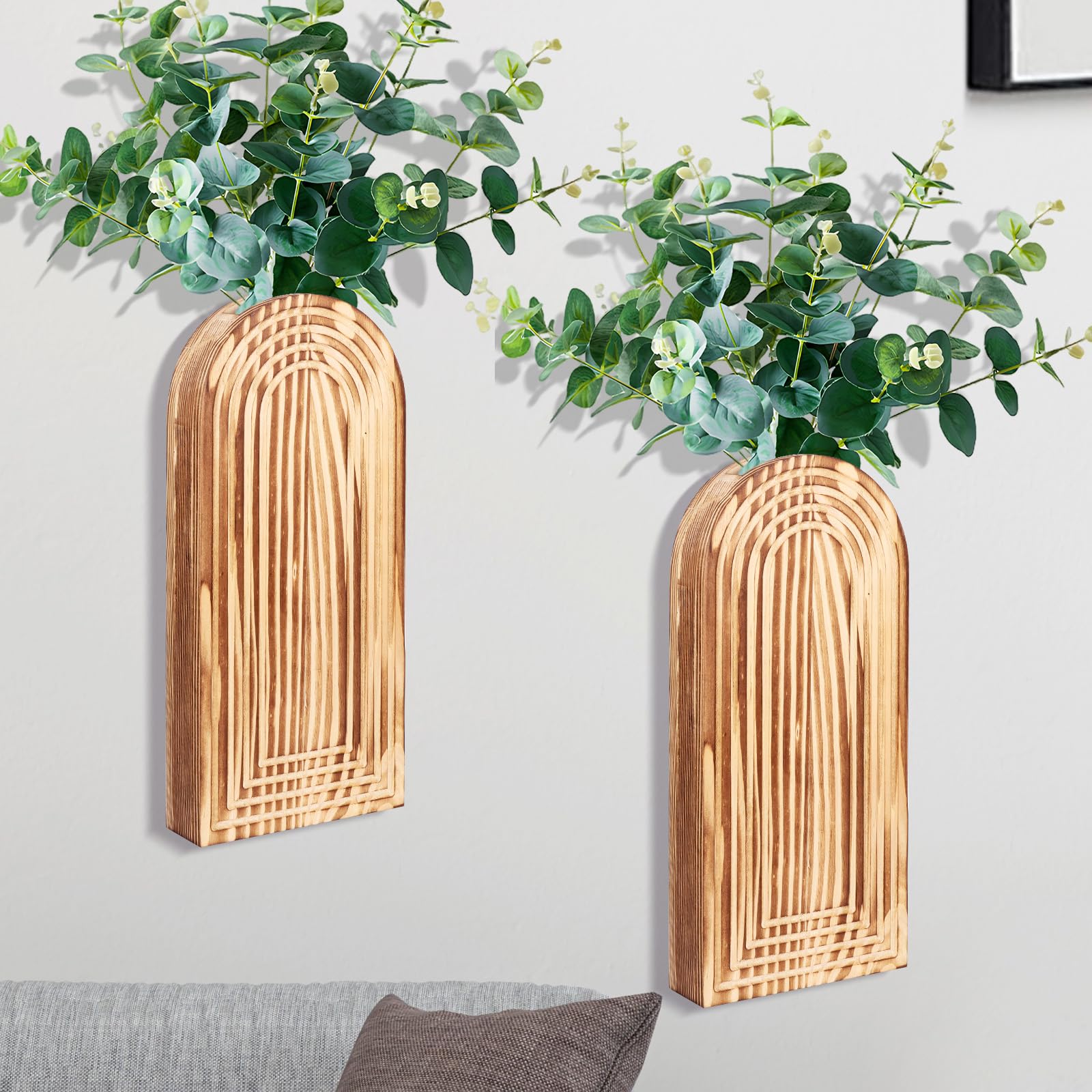 Paquete de 2 jarrones de madera modernos para decoración de sala de estar, decoración de entrada, pasillo, casa de campo moderna y bohemio, decoración de pared, jarrones colgantes para flores secas y
