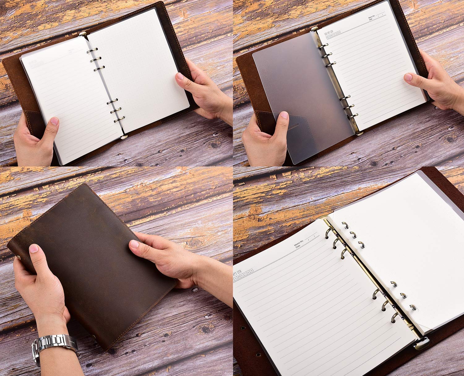 Anzhi Classeur à anneaux en cuir fait à la main, format A5, avec couverture en cuir, 23 x 17 cm, rechargeable, avec classeur à 6 anneaux