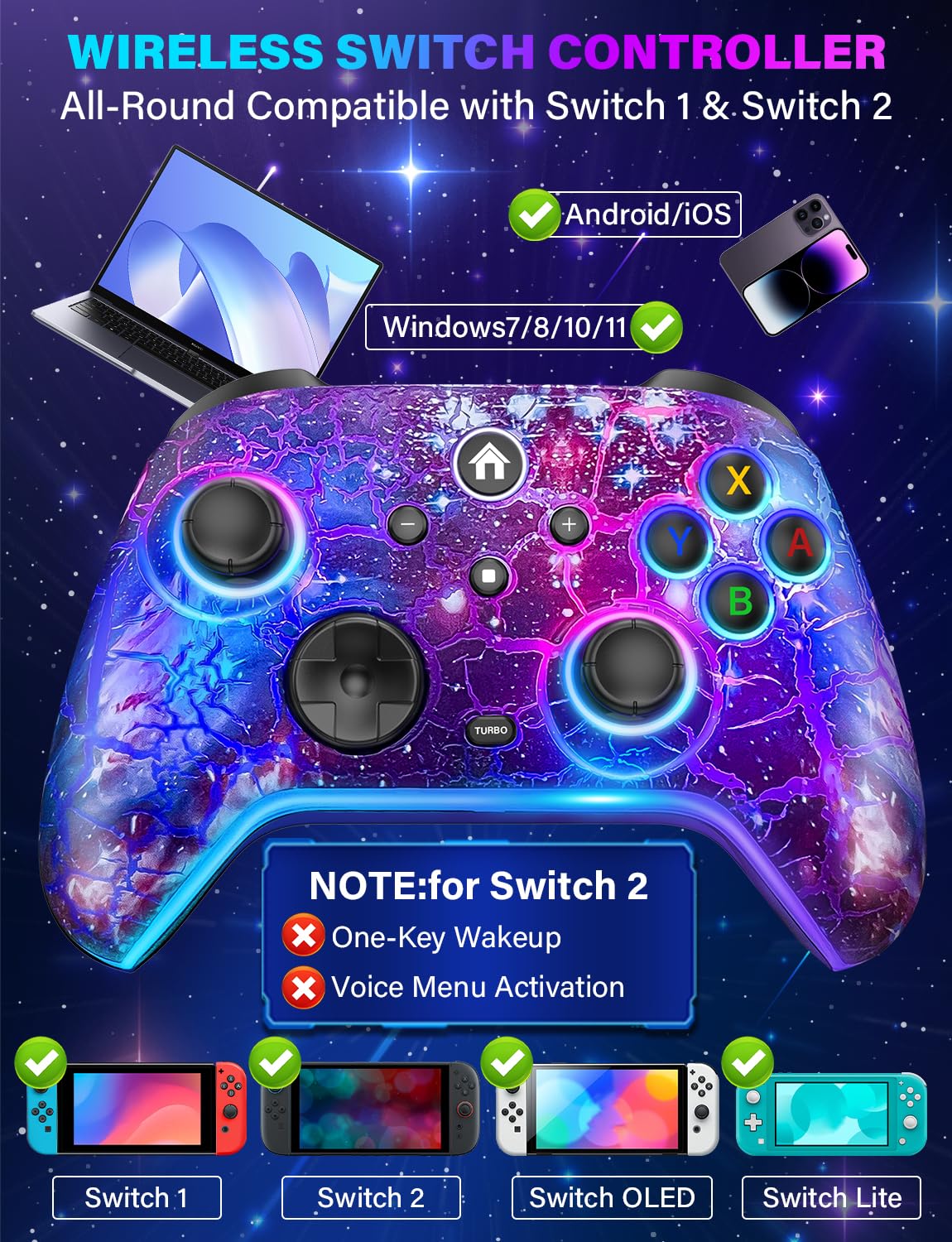 Controller Wireless Switch Pro - Compatibile con Nitendo Switch/OLED/Lite, Controller Interruttore Ricaricabile da 1200 mAh con 8 Colori LED e Cool Nebula Design, Wake Up, Turbo, Vibration, Motion