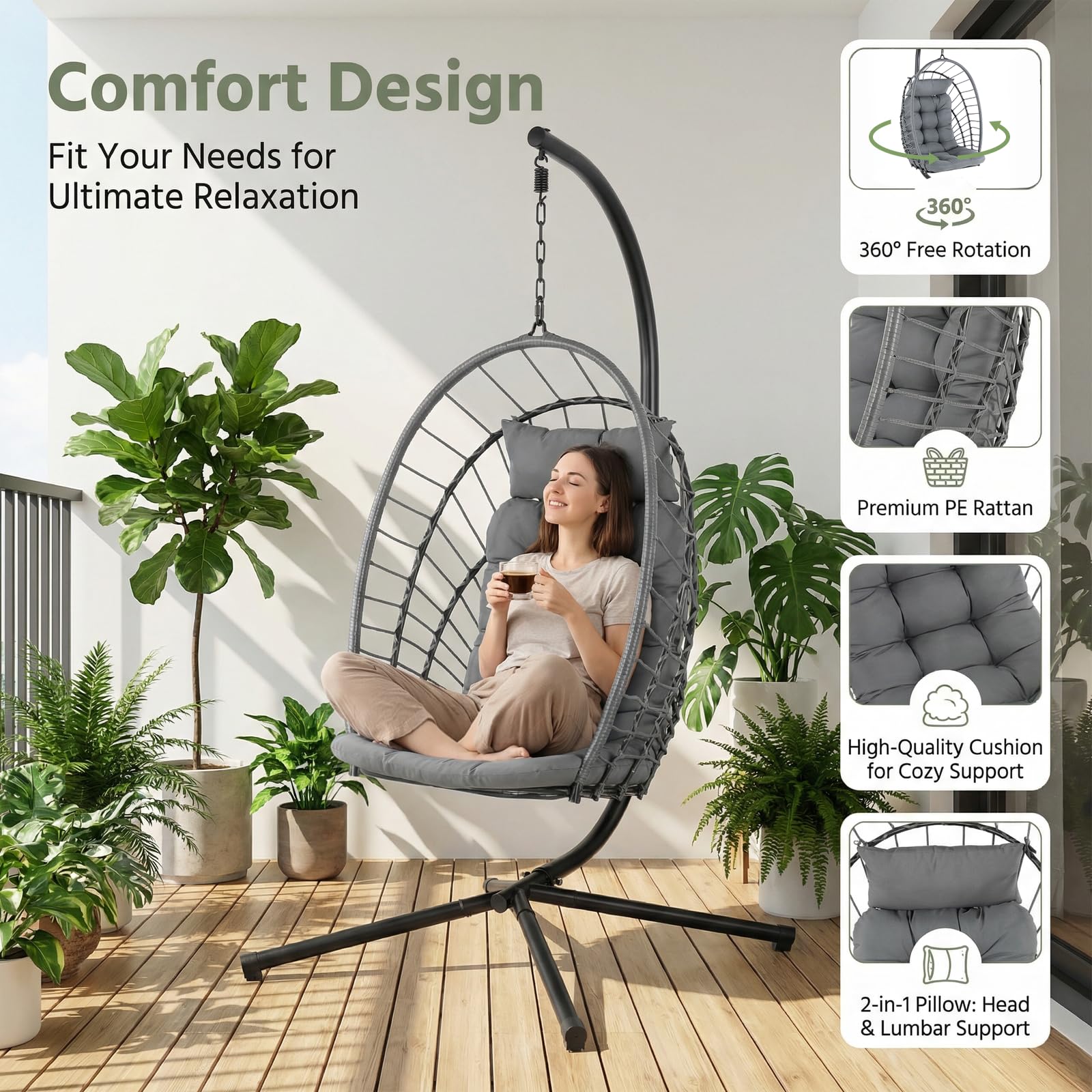 LIFERUN Hängesessel mit Gestell, Faltbarer Eiersessel mit Kissen, In- & Outdoor Freizeitsessel, Schaukel für Erwachsene & Kinder, für Garten, Terrasse, Balkon, Wohnzimmer, Belastbar bis 160 kg (Grau)