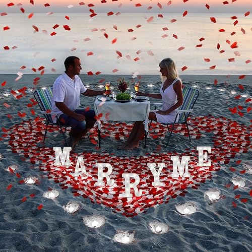 Miniatura 5 de Fumete 4080 piezas de letrero de propuesta de decoración de propuesta de letras iluminadas con 72 velas románticas de corazón, 4000 pétalos de rosa,