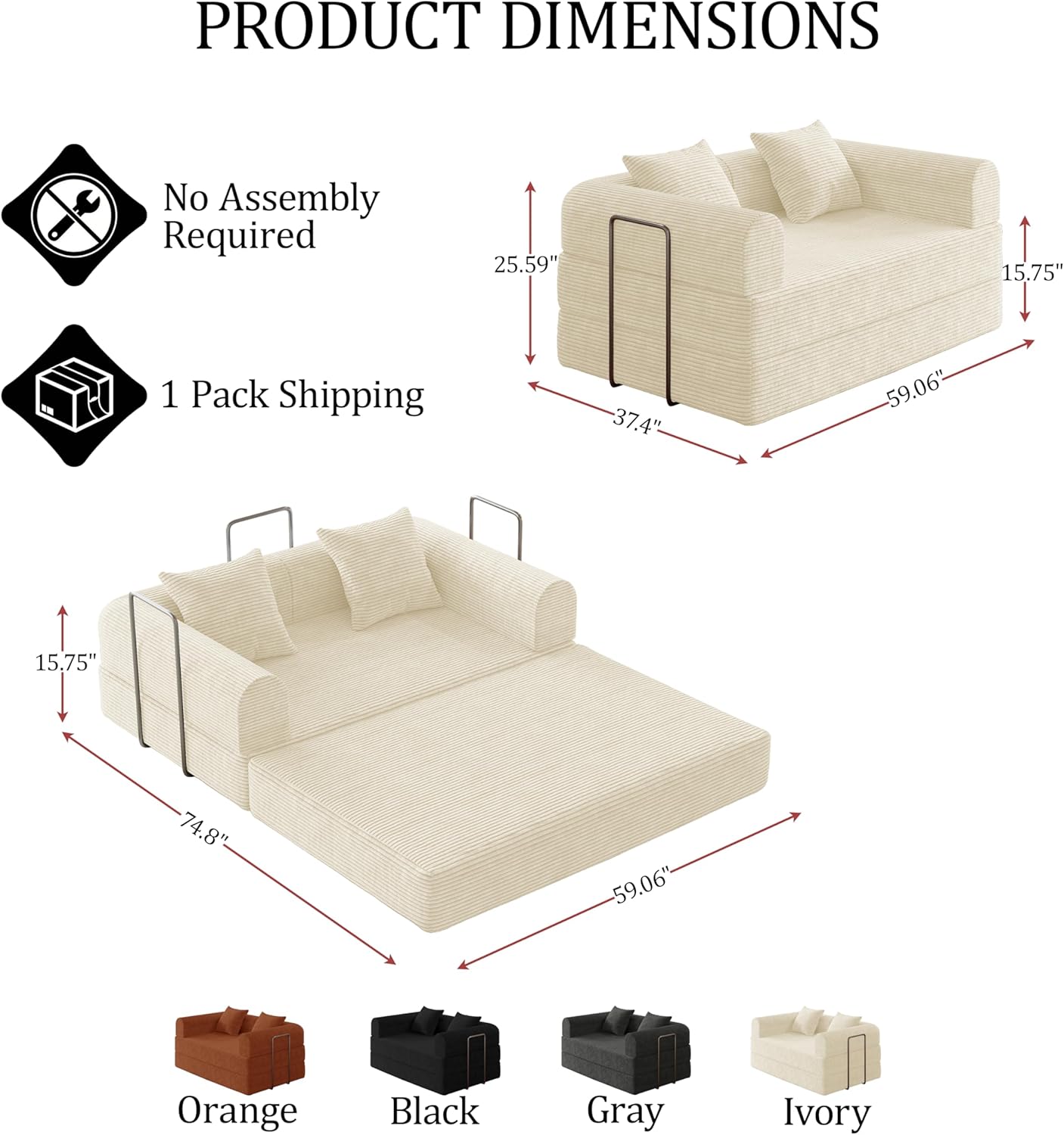 HouseMila 59" Boneless Couch,4-in-1 Futon Sofa Bed Modular Loveseat Sleeper Folding Compressed Couch with Pillows,No Assembly Required Convertible Sofa Bed for Living Room Bedroom Guest Room,Beige