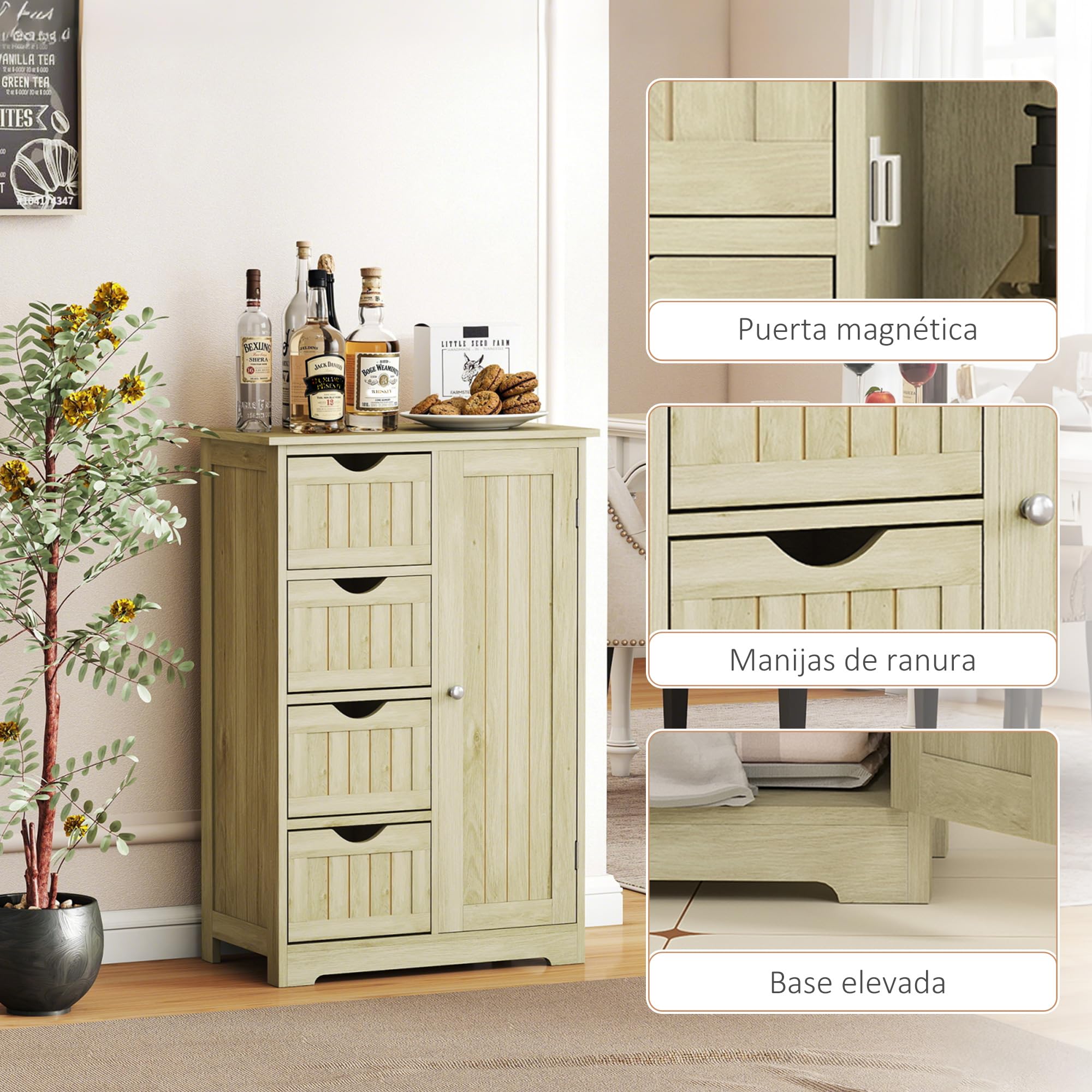 kleankin Armario de Baño Mueble Auxiliar Baño con 4 Cajones 56x30x83 cm | Estante Ajustable, Estilo Moderno, para Espacios Pequeños, Estrecha, Madera Natural