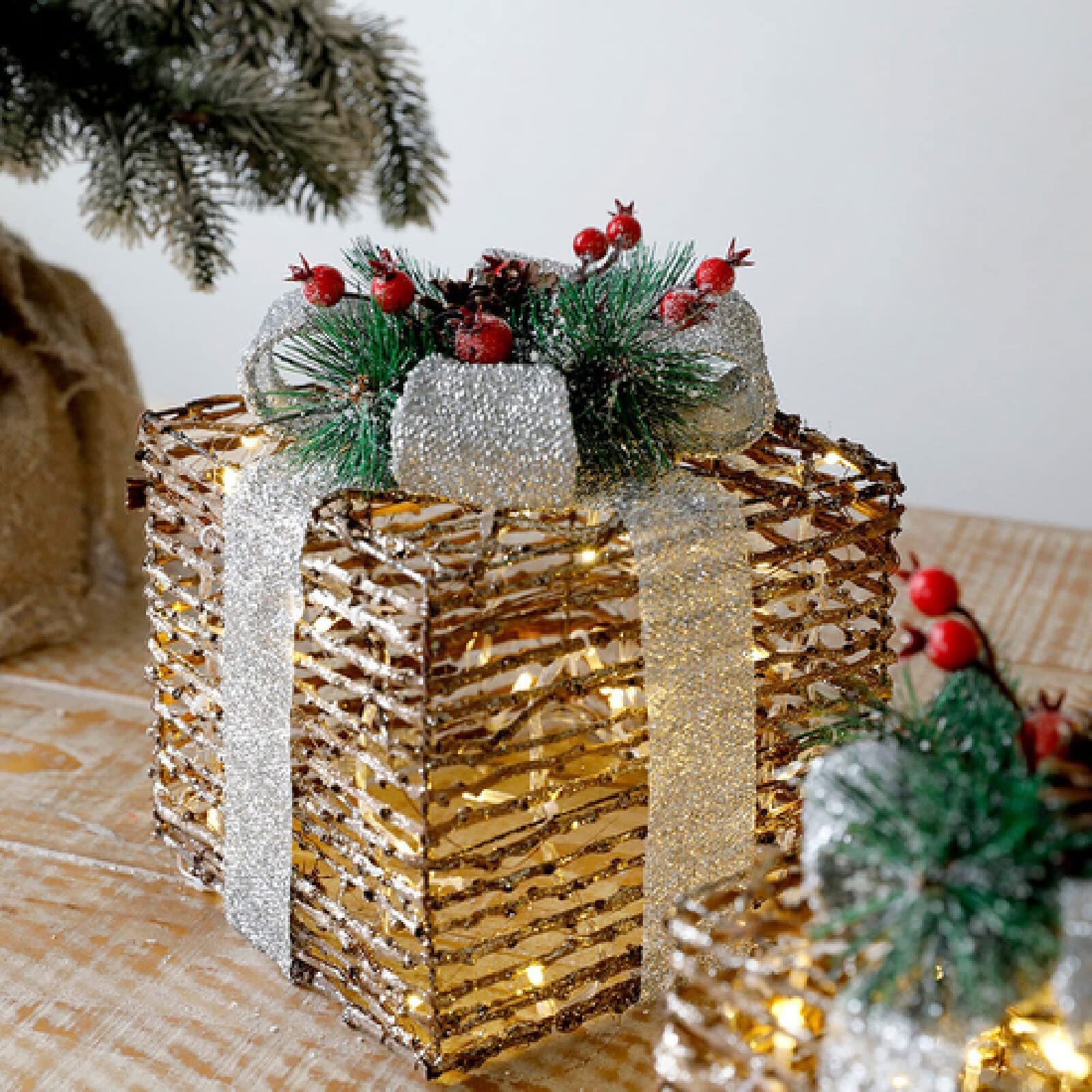 Cajas de regalo para Navidad, Juego de 3 cajas iluminadas con lazos, arte del hierro LED, decoración iluminada de ratán, cajas iluminadas for regalos al aire libre for decoraciones navideñas en el hog