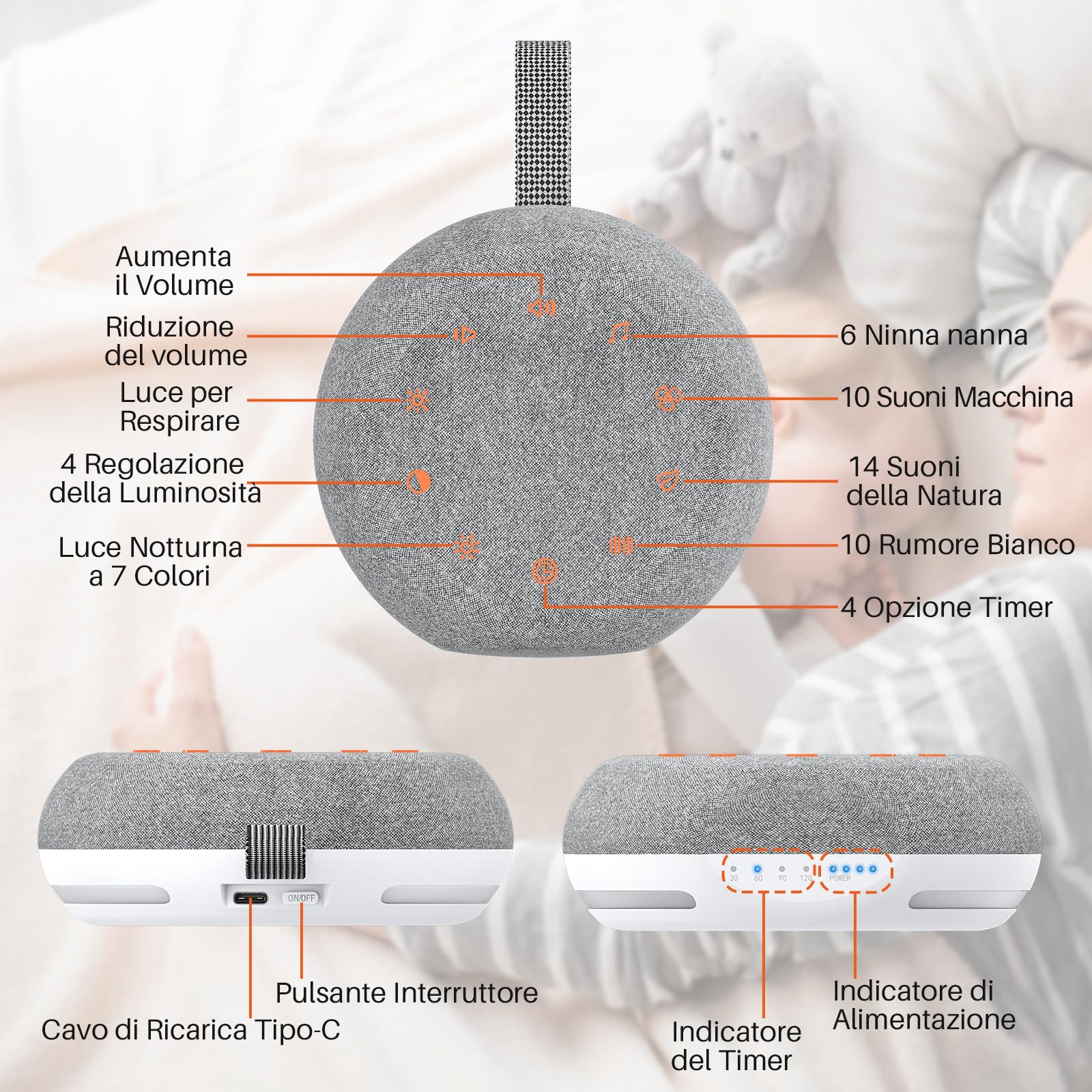 Restnature Macchina Rumore Bianco Portatile | 16 Suoni, Ricaricabile USB-C | Per Neonati E Adulti | Timer 30/60/90min