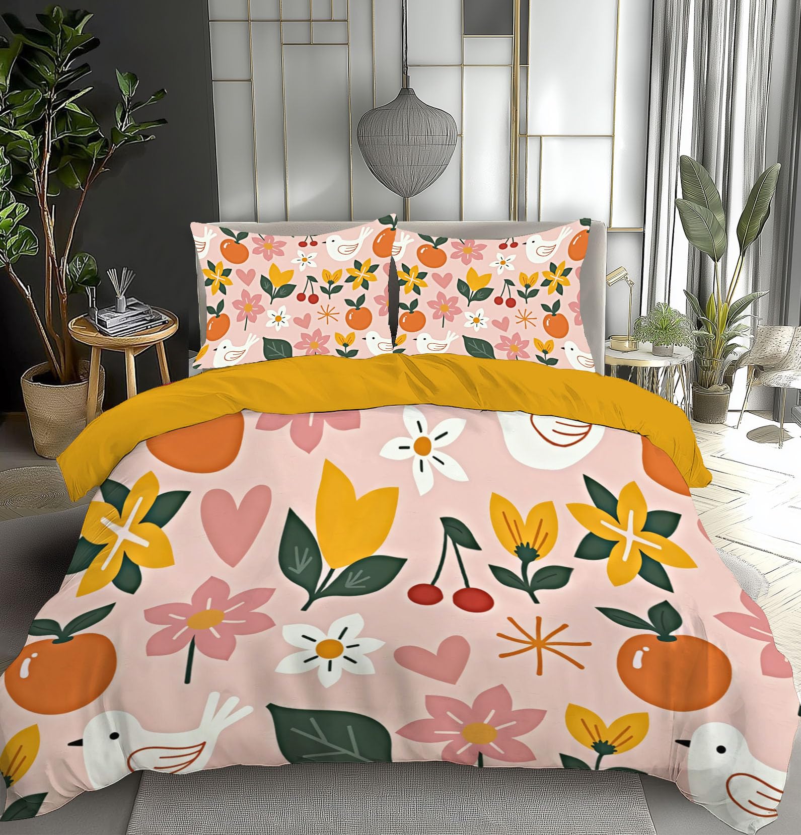 Parure de lit oiseaux et fruits en microfibre respirante pour lit adulte
