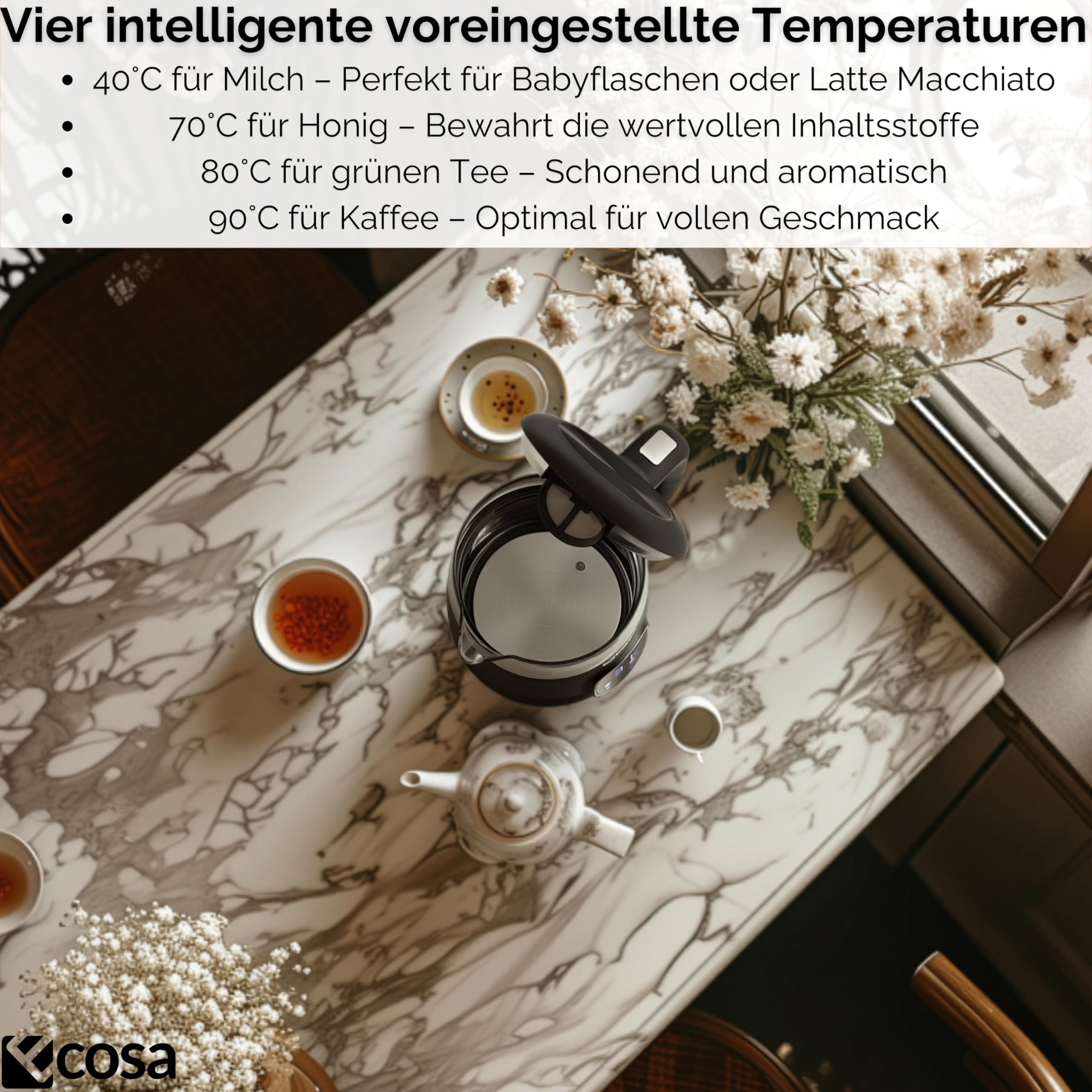 Ecosa® Wasserkocher mit Temperatureinstellung Glas Edelstahl - Teekocher - 1,7 Liter 2.200 Watt - BPA Frei mit Temperaturwahl 40°C-100°C - Warmhaltefunktion LED Beleuchtung (Black Pearl)