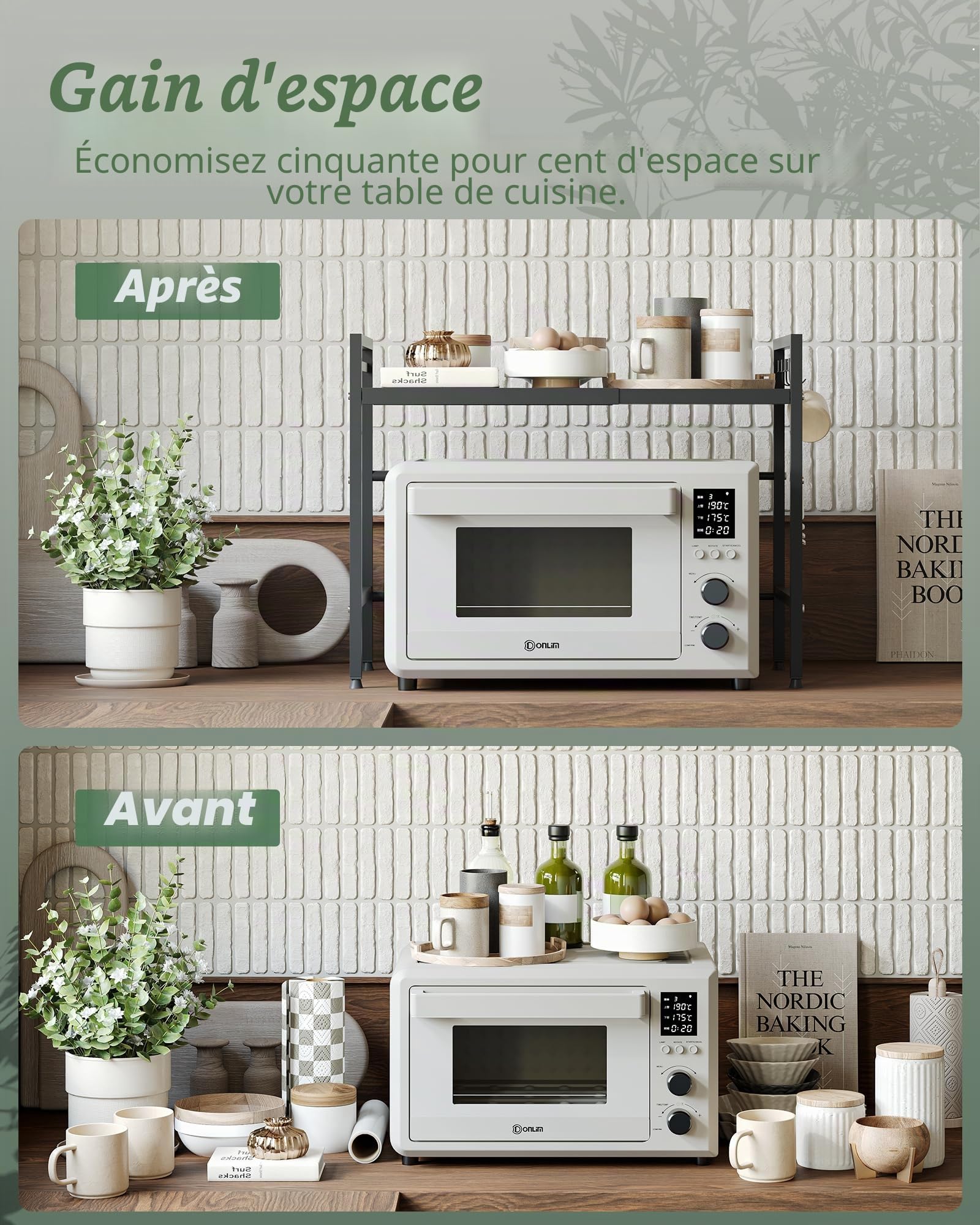 NETEL Support Micro-Ondes 2 Niveaux Extensible, Étagère Plan Travail pour Four, Rangement Micro-Ondes avec Crochets, Noir