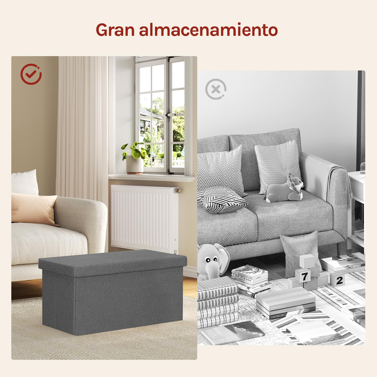 WOLTU Taburete Almacenaje Plegable, Baúl Almacenamiento, Taburete Puff Reposapiés para Sofá y Cama, con Tapa Extraible, Tapizado en Tela Polar Teddy, 80 L, 76x38x37 cm, Gris Oscuro