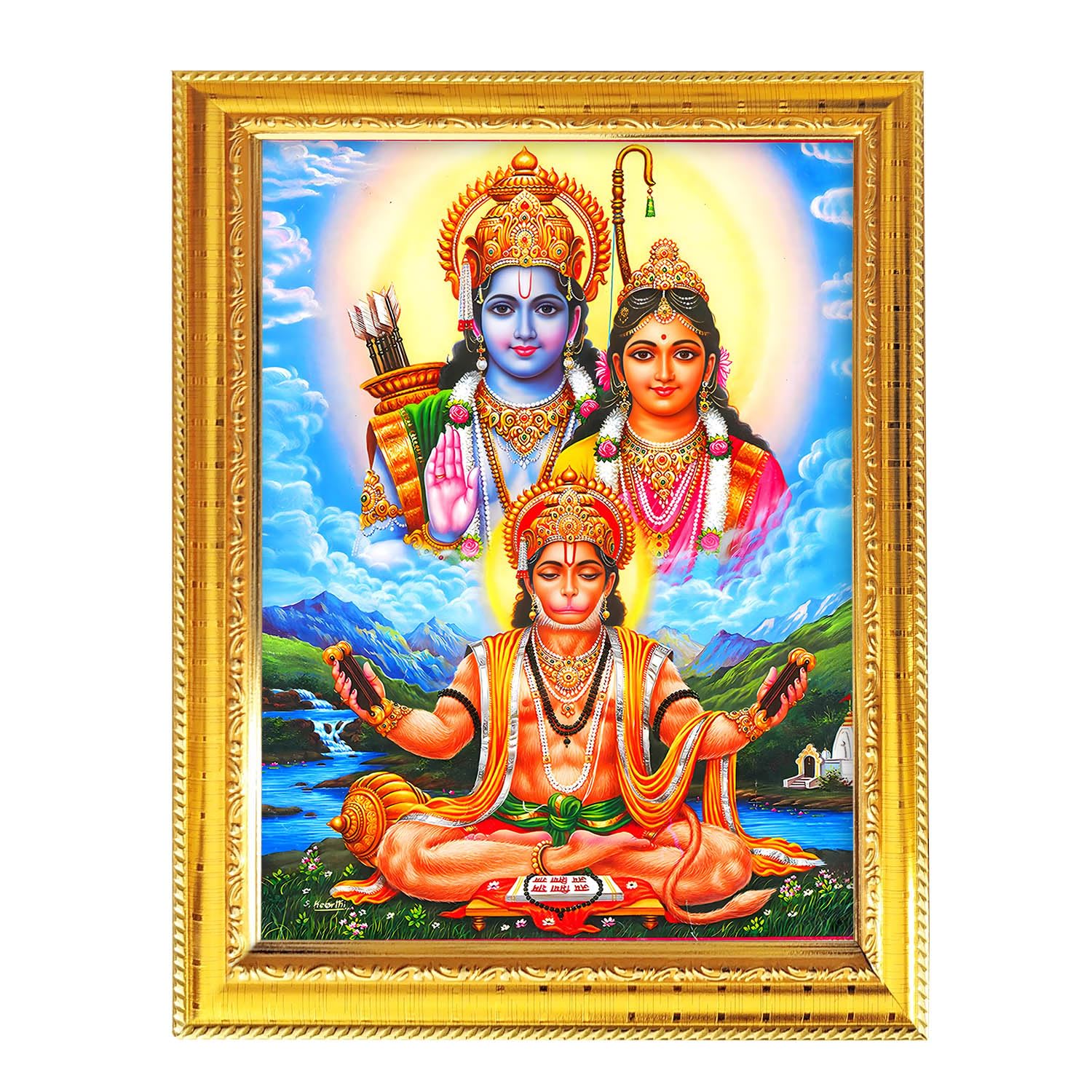 Fashnkart Hanuman Ram Sita Elegant Hindu God Golden Photo Frame Decorative Frame For Divine Images & Religious Art, Perfect For Home & Office 8.3X6.5