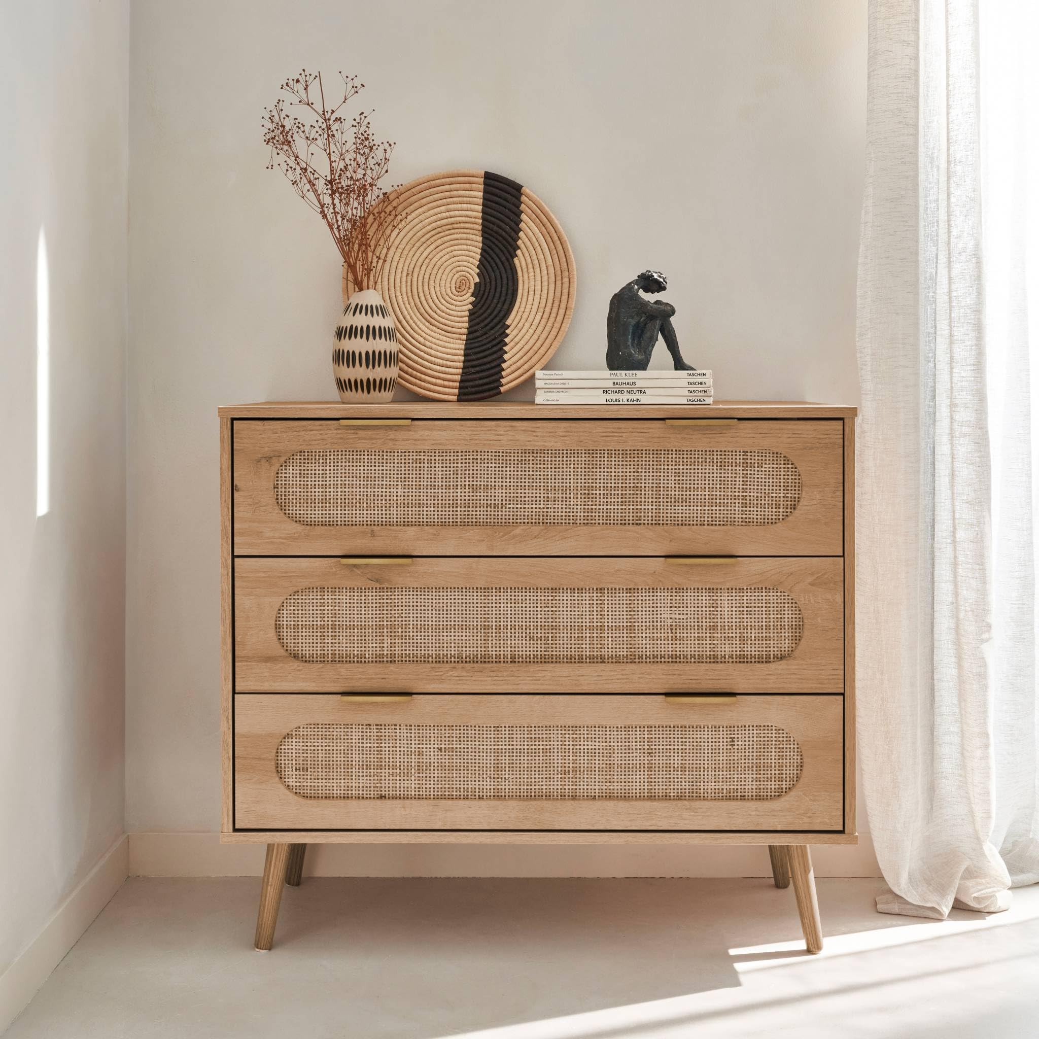 Alice's Home - Commode. Eva. décor Bois et cannage Arrondi. 3 tiroirs L 90 x l 39 x H 79cm