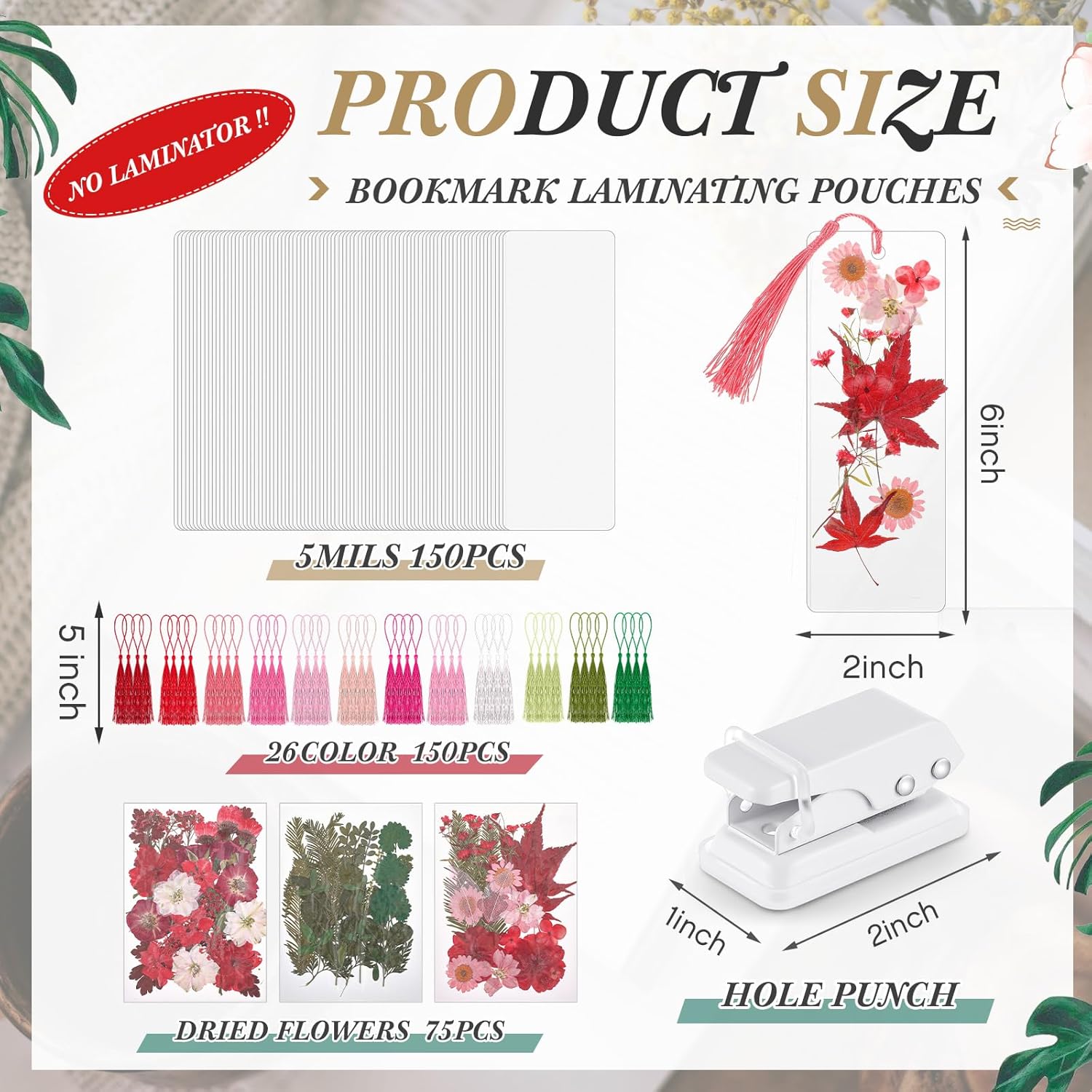 Fuyoooo 376 Pcs Dried Flower Bookmark Making Kit, DIY Bookmark Laminating Pouches with Tassels and Puncher DIY Project Gifts for Mother's Day Women Book Lovers (Red,2 x 6 Inch)