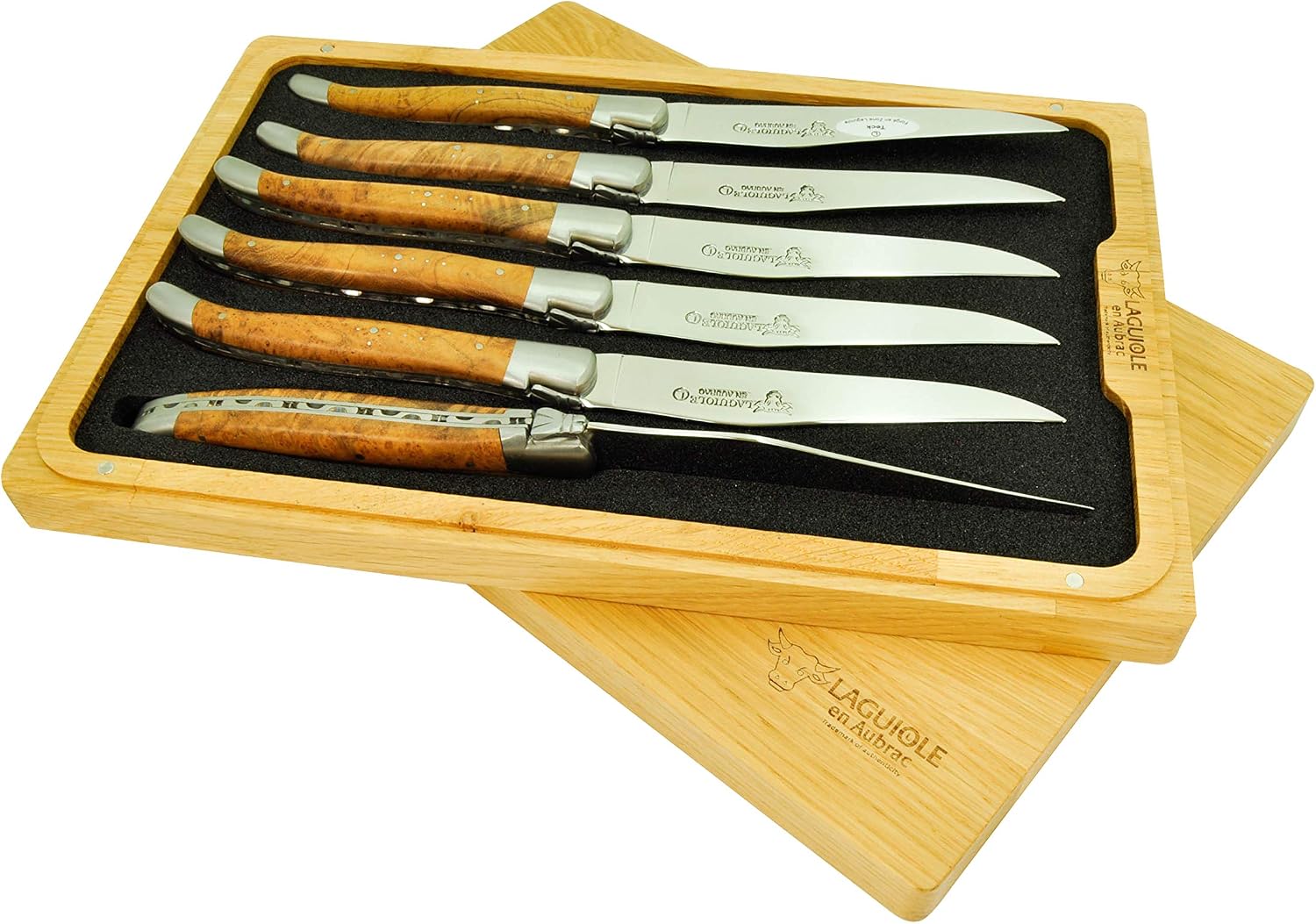 Laguiole en Aubrac Luxury Fully Forged Full Tang Stainless Steel Steak Knives 6-Piece Set, Teak Wood Handles, Stainless Steel Bolsters
