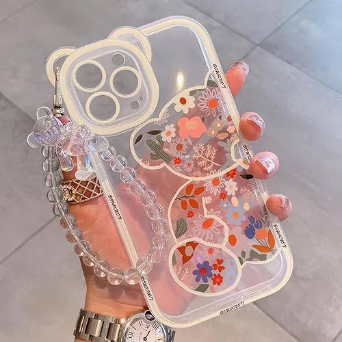 Miniatura 6 de Funda para iPhone 13 Pro con bonito patrón de oso de flores, protector de cámara, funda transparente y bonita cadena de pulsera, compatible con