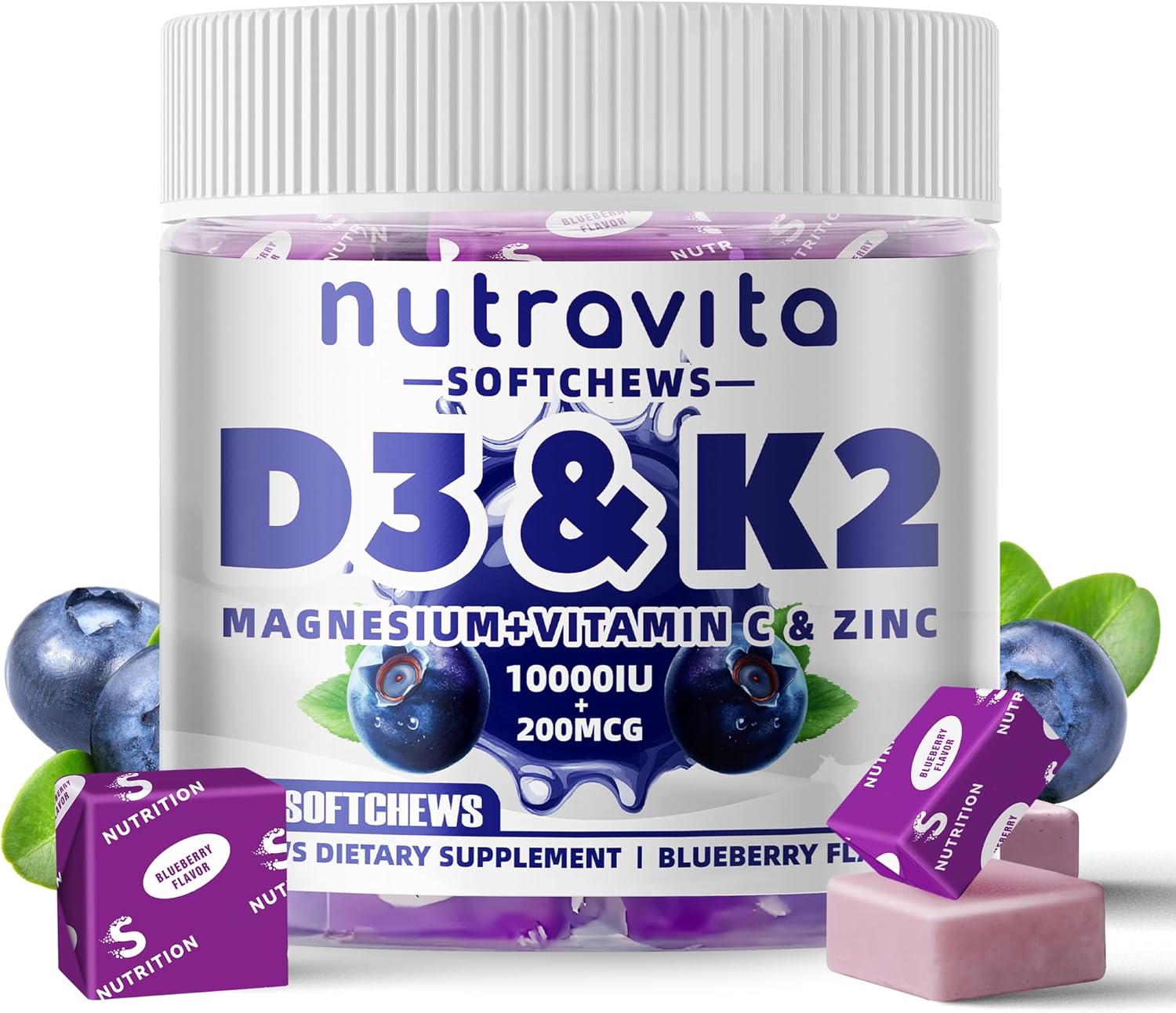 Nutravita Sugar-Free Vitamin D3 K2 Chews with Calcium + K2 (MK-7), Magnesium Citrate, Vitamin C, Extra Strength - Ultimate Absorption for Bone Muscle Teeth Immune, Vegan - 60 Count-Blueberry Flavor