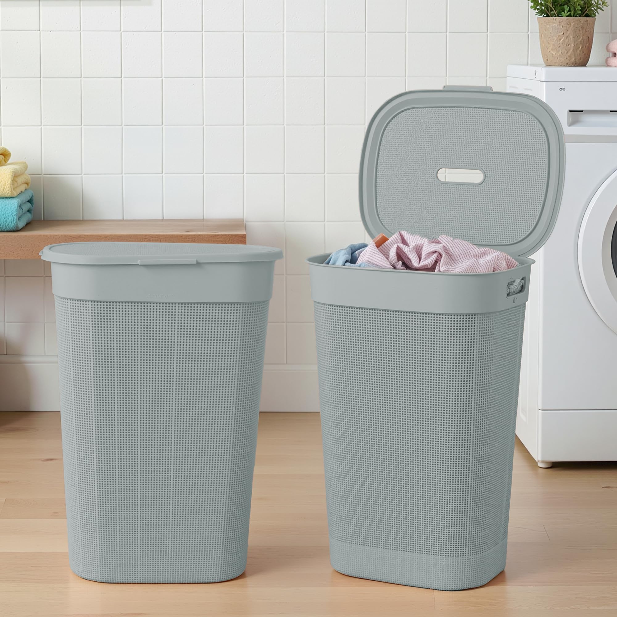 Kuber Industries 2 Pcs Plastic Large 55 Ltr Laundry Basket with Lid & Handle | Multipurpose Portable Houseware Storing Clothes/Toys/Book | Wood – Grey-picture-31