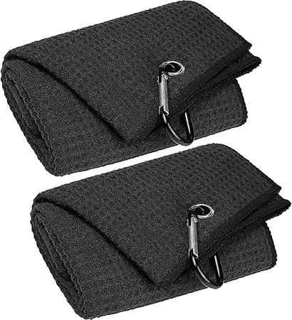 Review VIVIDLY 2 Pack 16″ x 24″ Tri-fold Golf Towels, Premium Microfiber Fabric Waffle Pattern with Black Heavy Duty Carabiner Clip, Black Golf Towels for Golf Bags for Men (Black)
