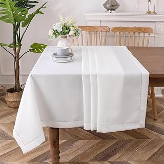 Majestic Giftware Linen Look Polyester Tablecloths for Rectangle Tables | (70/120) - TC1551 White with Hole Design Etched at Seam Table Cover | Decorative Washable Tablecloth for Kitchen & Dining