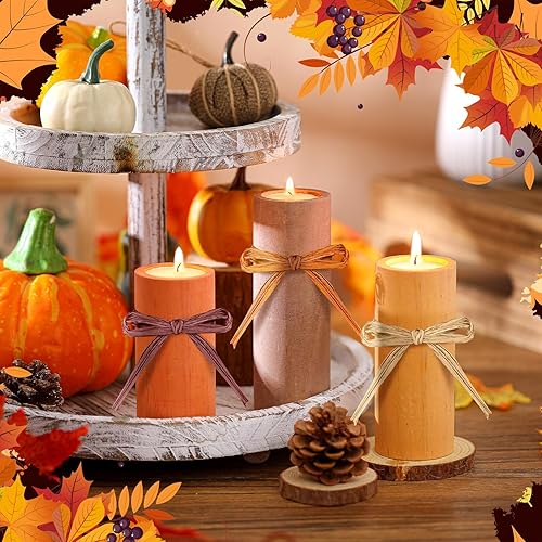 Miniatura 6 de MTLEE 3 velas de madera de Acción de Gracias, soporte de cera de soja, velas de té de otoño naranja, centros de mesa para Acción de Gracias, otoño