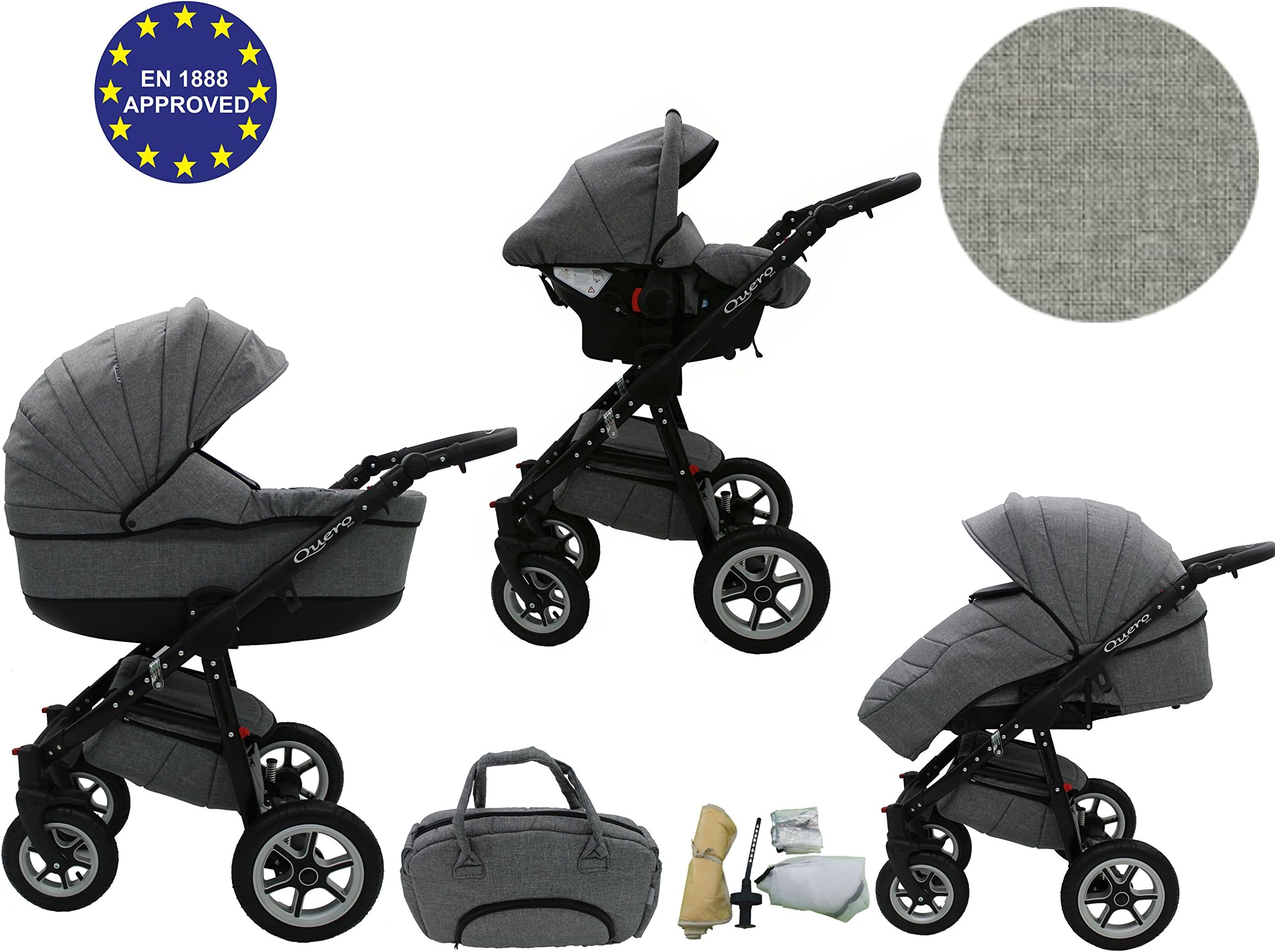 Quero, 3-in-1 Travel System with Baby Pram, Car Seat, Pushchair & Accessories (Linen Material No. 2)