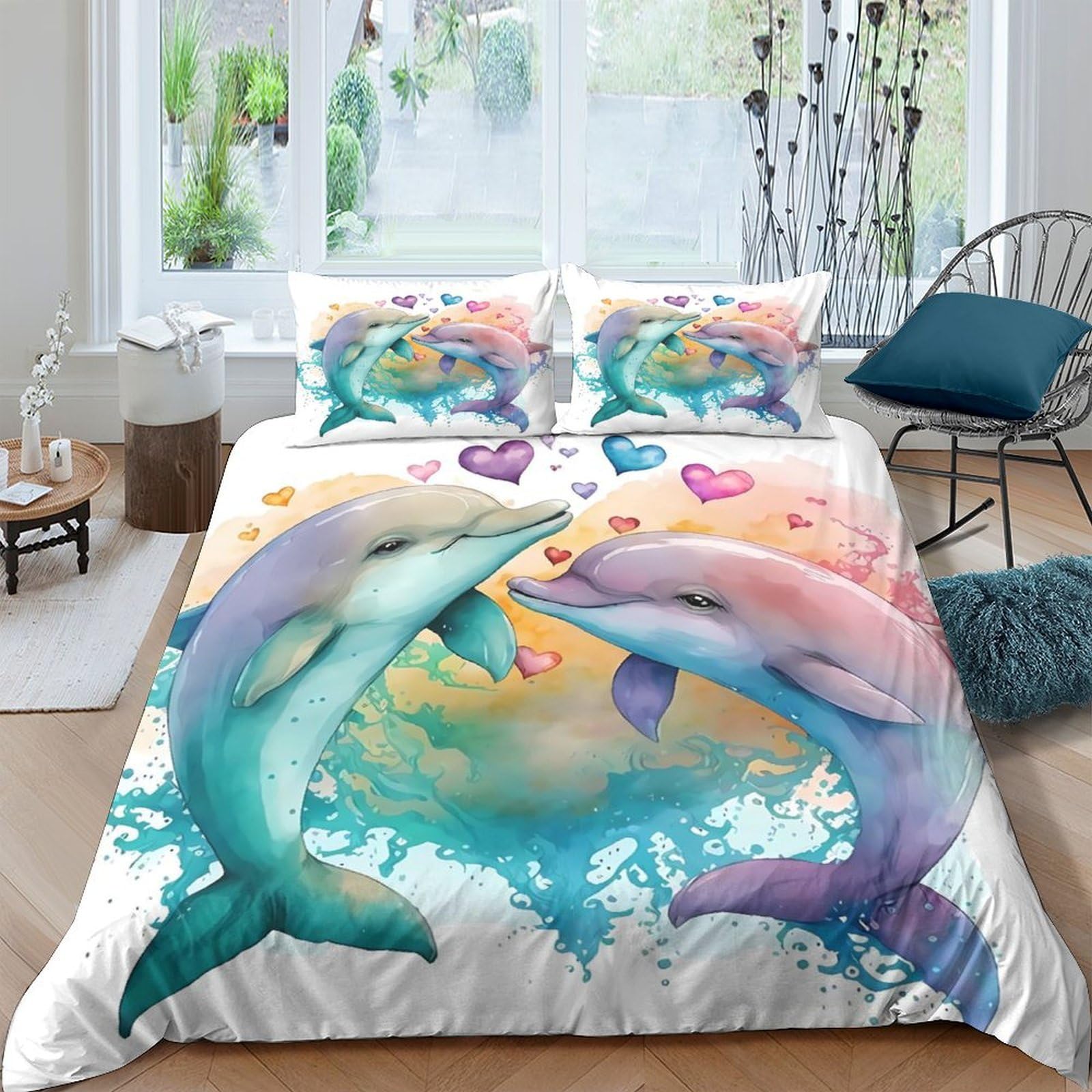 Ctjqhvkz Style-9 3D Printed Dolphin Ocean Fitted Sheet Microfiber Soft Washable Heart Pattern Mattress Cover For Bedroom Decor Single（135X200cm）