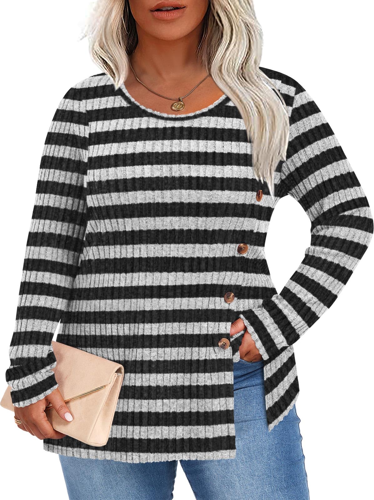 HOTGIFT Women Plus Size Top Knit Long Sleeve Sweater Button Tunic XL-5XL