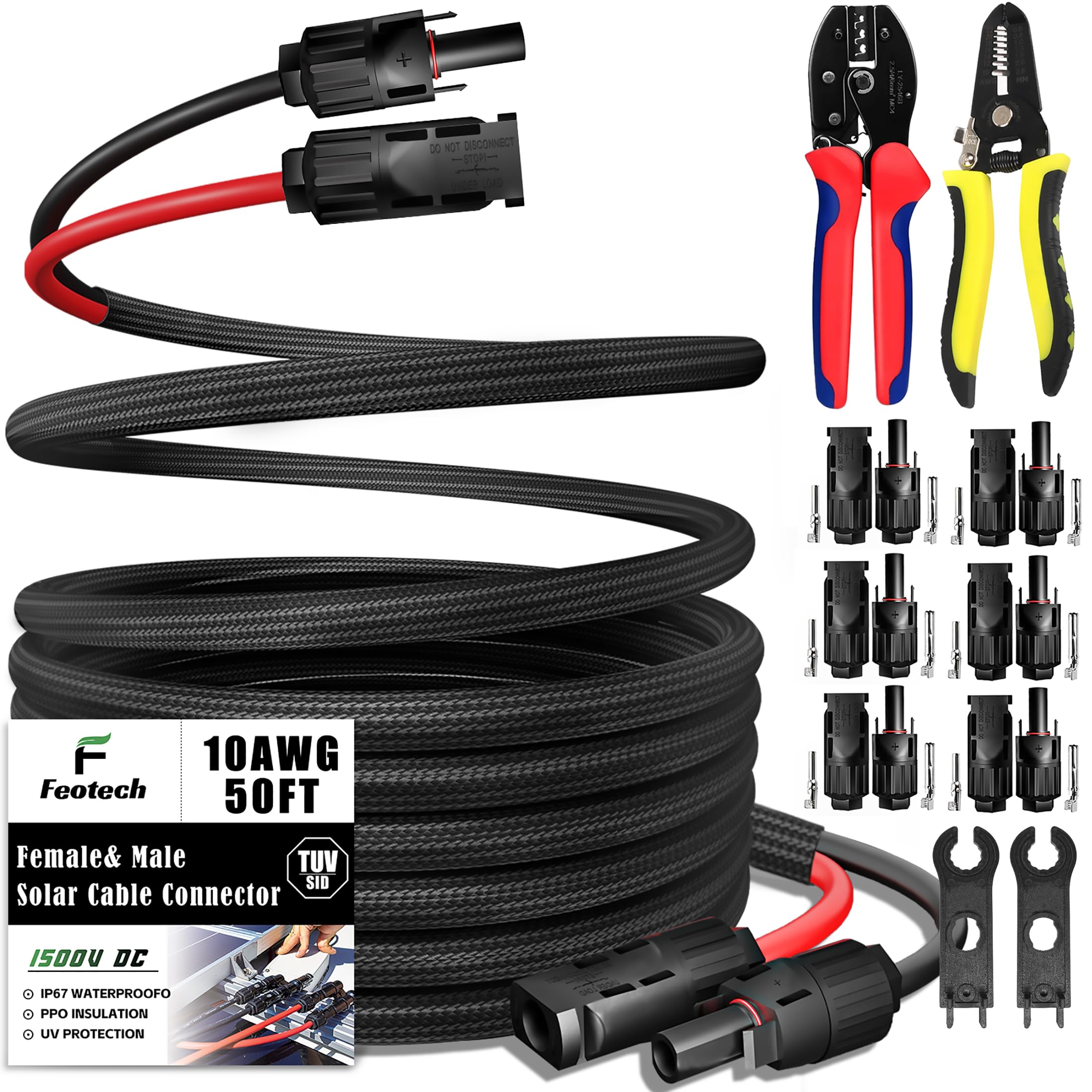 Cable de extensión solar de doble cable de 50 pies de 10 AWG con conector hembra y macho IP67, incluye cuatro pares de herramientas de adaptador de panel solar (6 pares de conectores)