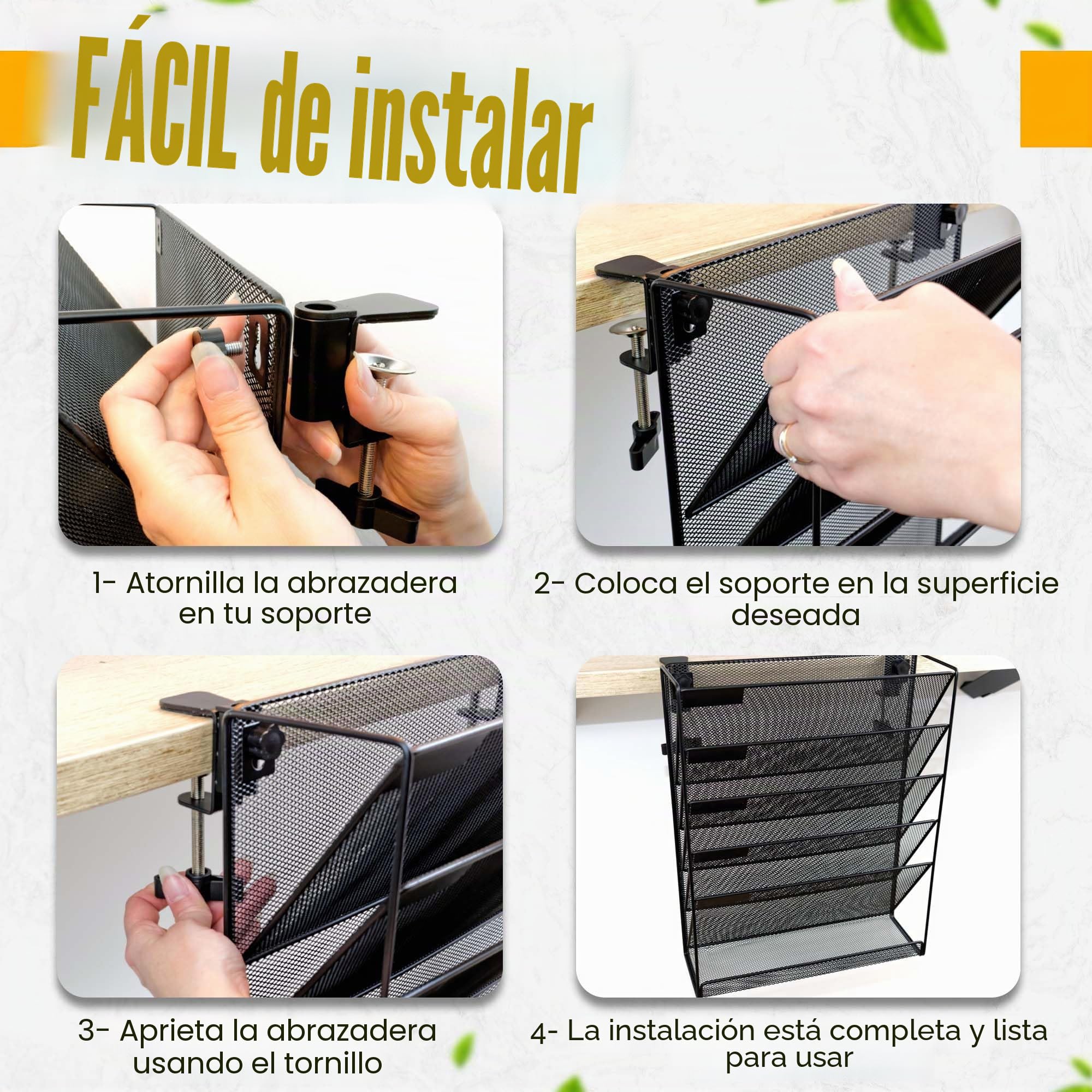 Organizador de pared o de escritorio sin taladro, revistero de 6 niveles de metal negro – Fijación de junta para mesa – Opción de pared con tornillos