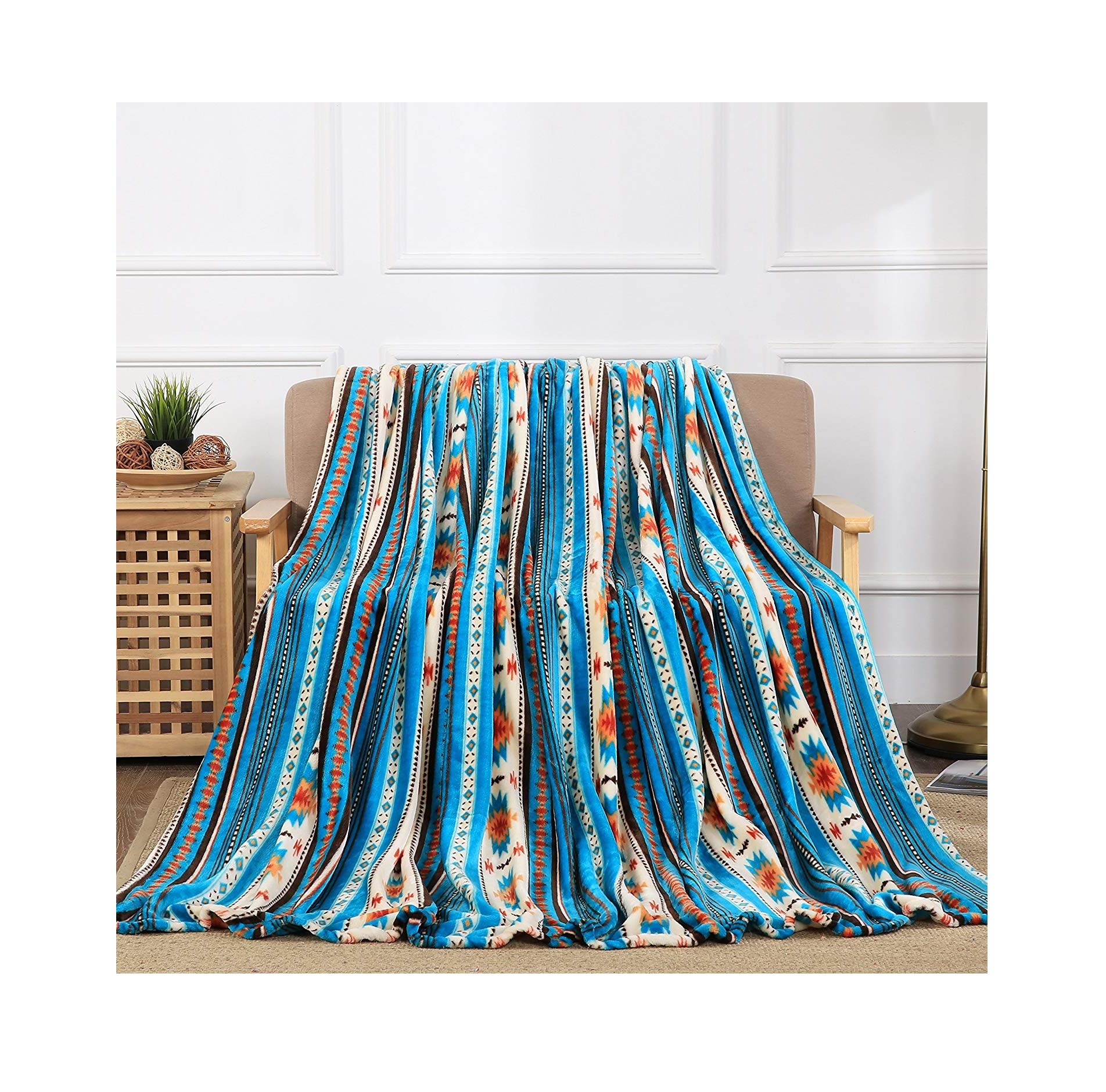 All American Collection Super Soft Ultra Comfort Plush Microfiber Solid Throw Blanket for Couch Home Bedroom Living Room (50 x 60, Beverly Blue Southwest)