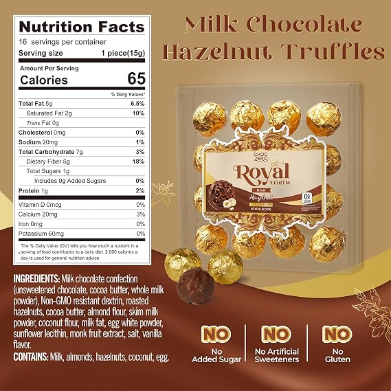 ChocZero Milk Chocolate Hazelnut Truffles, Sugar Free Chocolate Candy, Gluten Free, No Sugar Alcohols, Keto, 16 Count