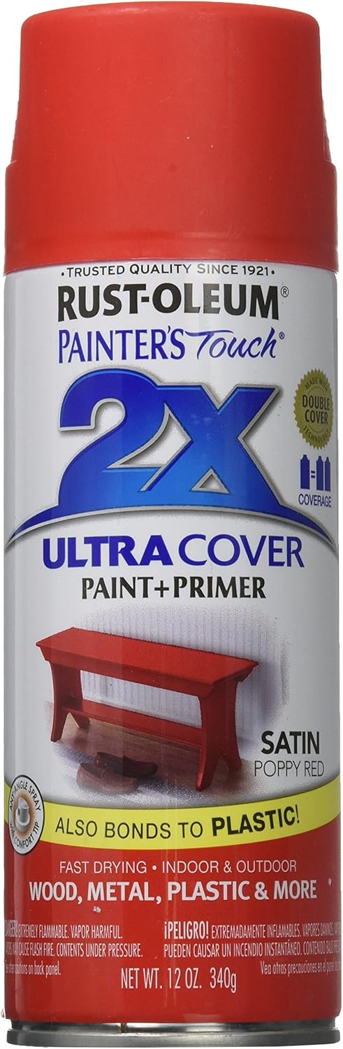 Rust-Oleum 277994 Painter's Touch 2X Ultra Cover, 12 Ounce (Pack of 1), Satin Poppy Red - - 