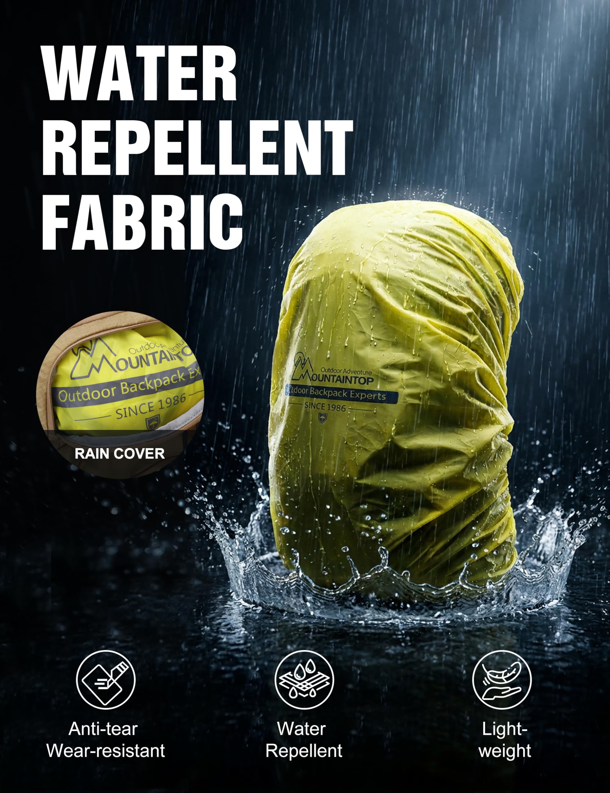 Mountaintop Sac à dos de randonnée pour homme et femme - 25 l/40 l, 25 l, café, 25L | Sac à dos de trekking YKK avec housse de pluie pour camping, voyage, voyage